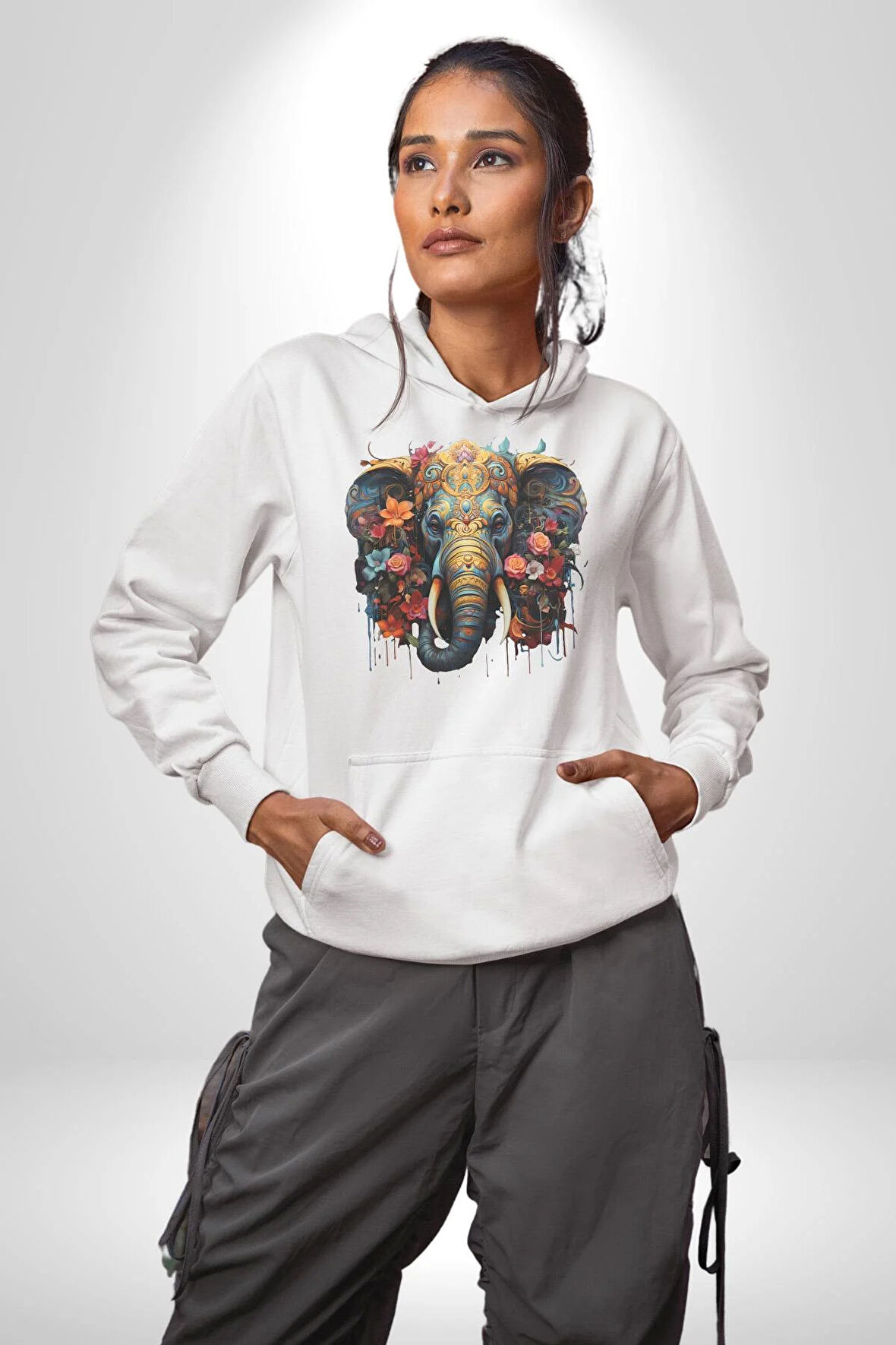 Bereket Fil Hintli Tasarım Kadın Erkek  Beyaz Kapüşonlu Sweatshirt Hoodie