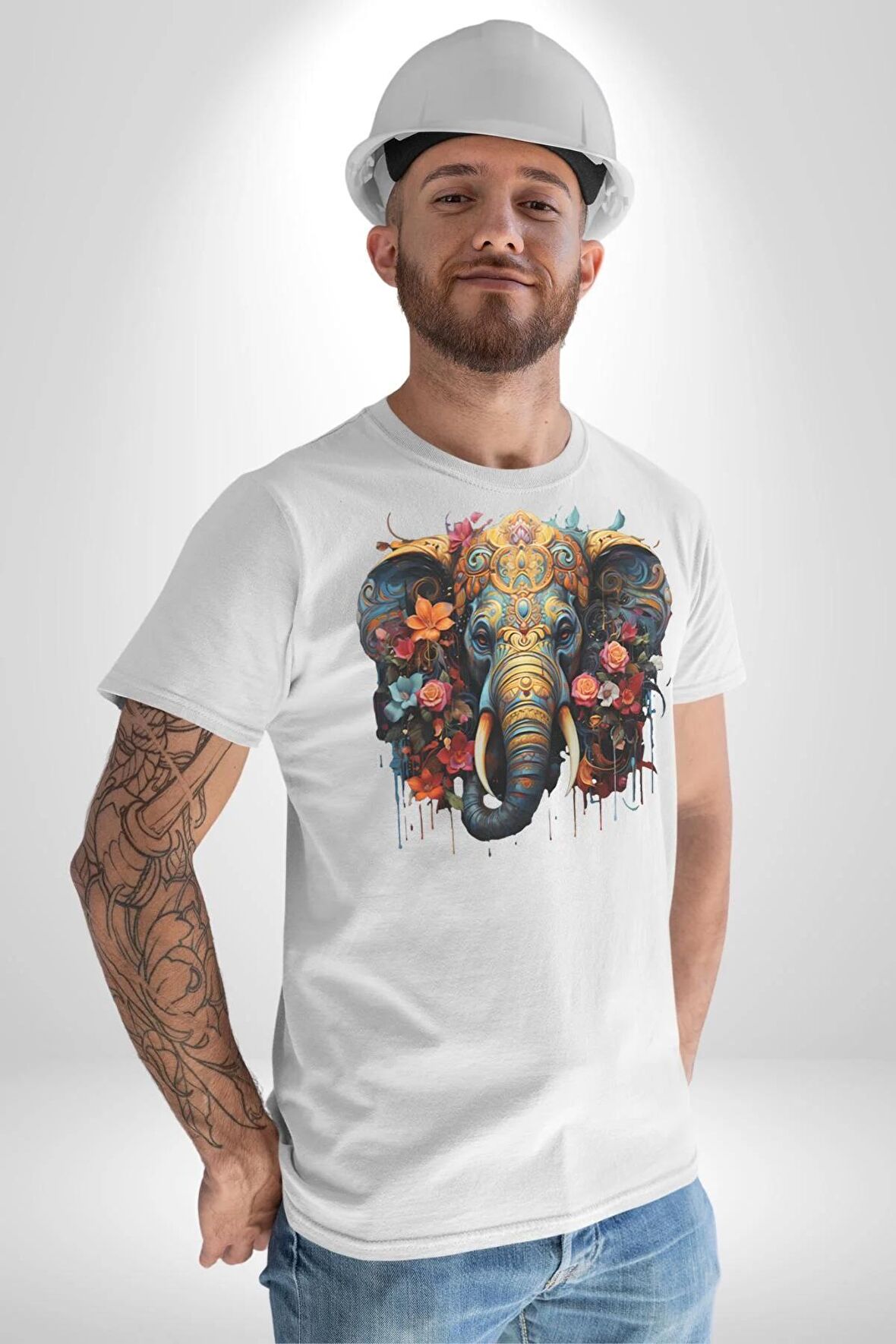 Bereket Fil Hintli Tasarım Kadın Erkek Unisex Beyaz Organik Baskılı T-Shirt Penye Yüksek Kalite