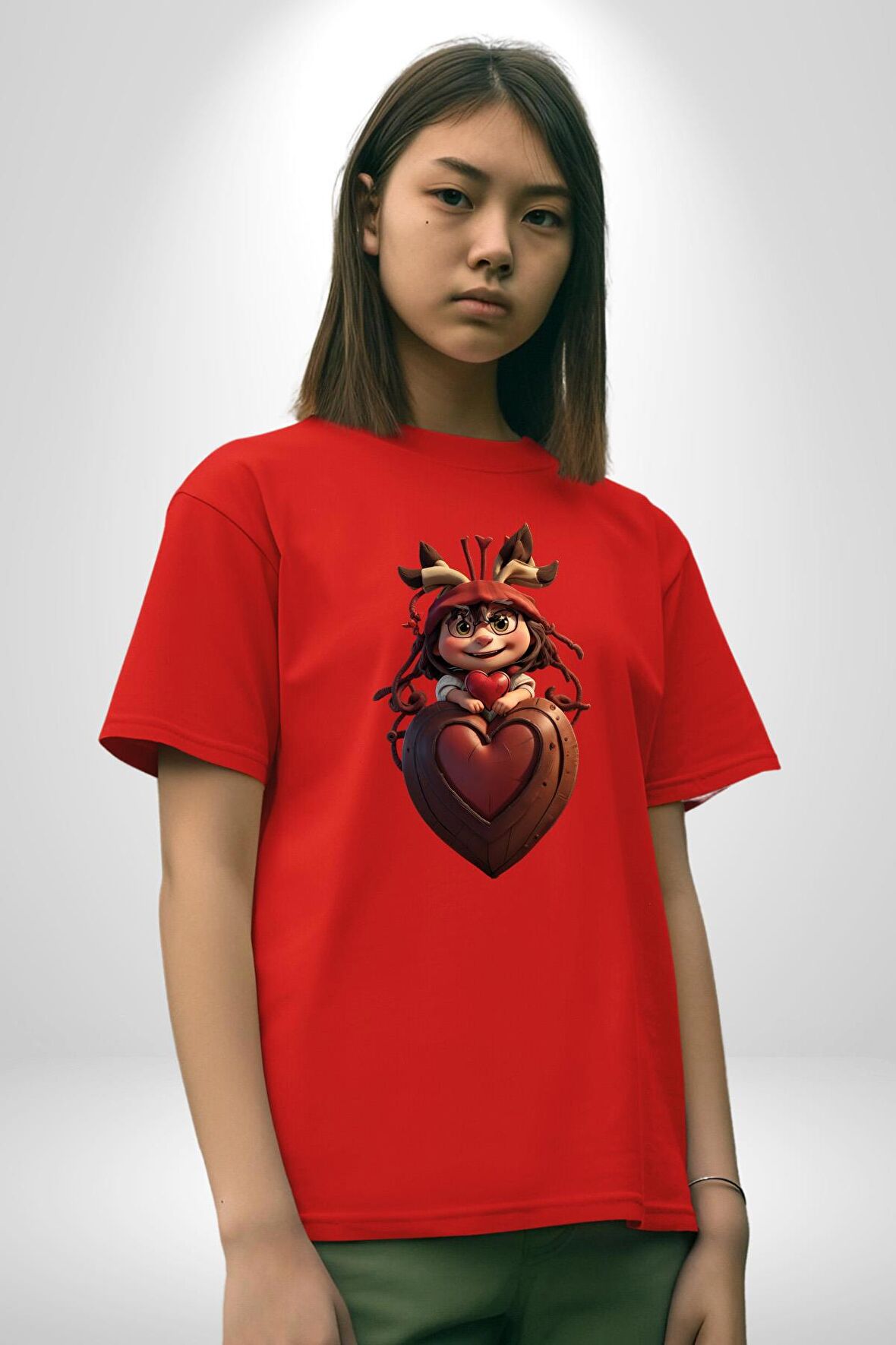 Çikolata Kız Kalbi Pamuklu Bisiklet Yaka Kadın Erkek Oversize Boyfriend Dijital Baskılı Kırmızı T-Shirt