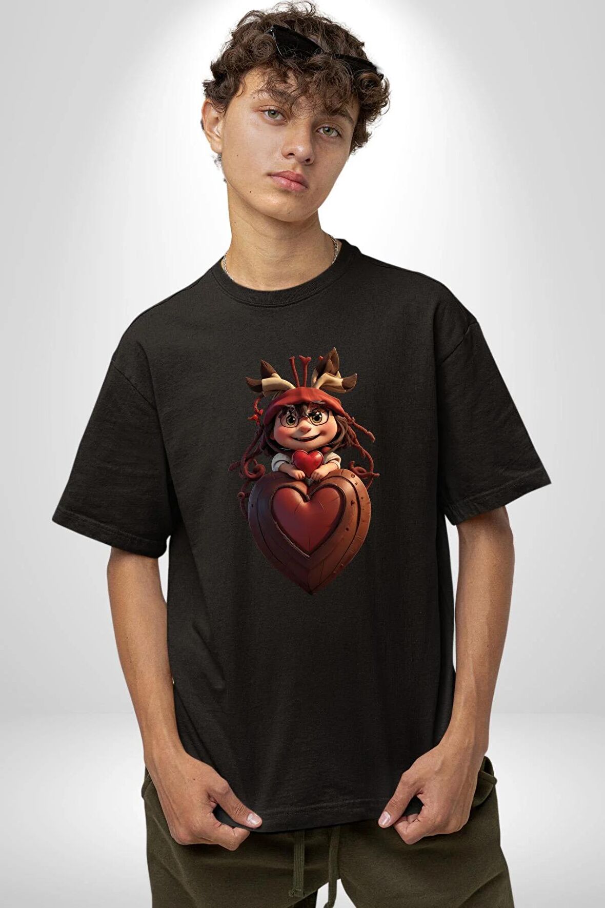 Çikolata Kız Kalbi Pamuklu Bisiklet Yaka Kadın Erkek Oversize Boyfriend Dijital Baskılı Siyah T-shirt