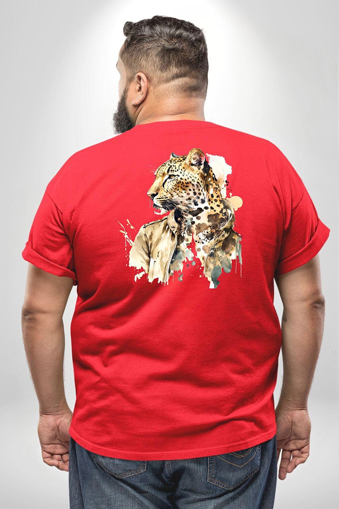 Cool Yakışıklı Ajan Leopar Büyük Beden Kırmızı Tişört Kadın Erkek Ünisex Sırt Baskılı