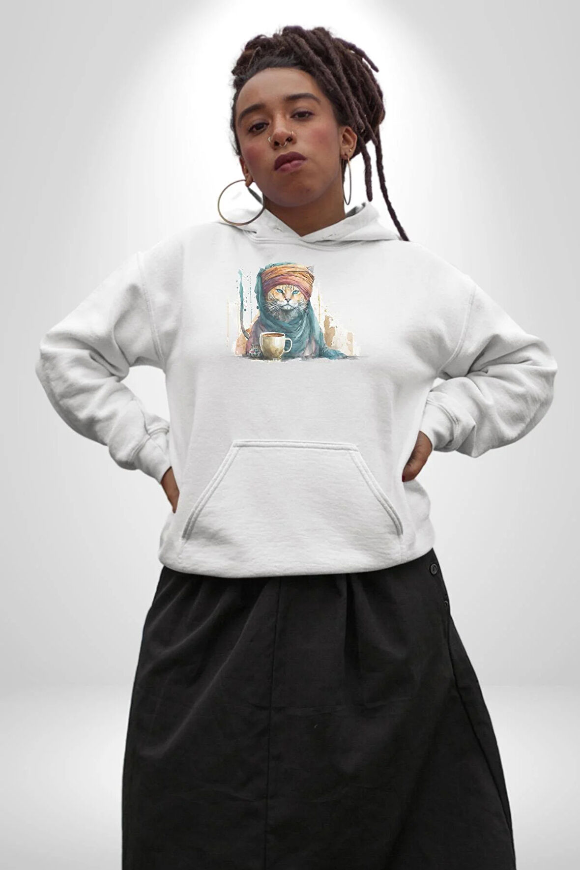 Türk Kahvesi Kedi  Kadın Erkek  Beyaz Kapüşonlu Sweatshirt Hoodie
