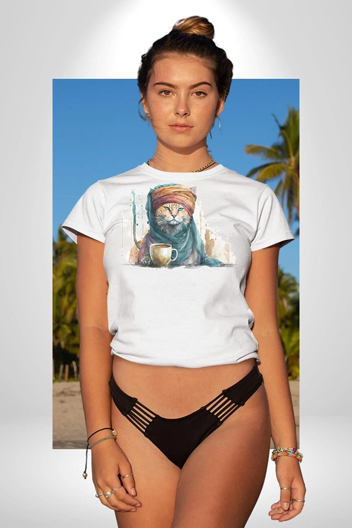 Türk Kahvesi Kedi  Kadın Erkek Unisex Beyaz Organik Baskılı T-Shirt Penye Yüksek Kalite