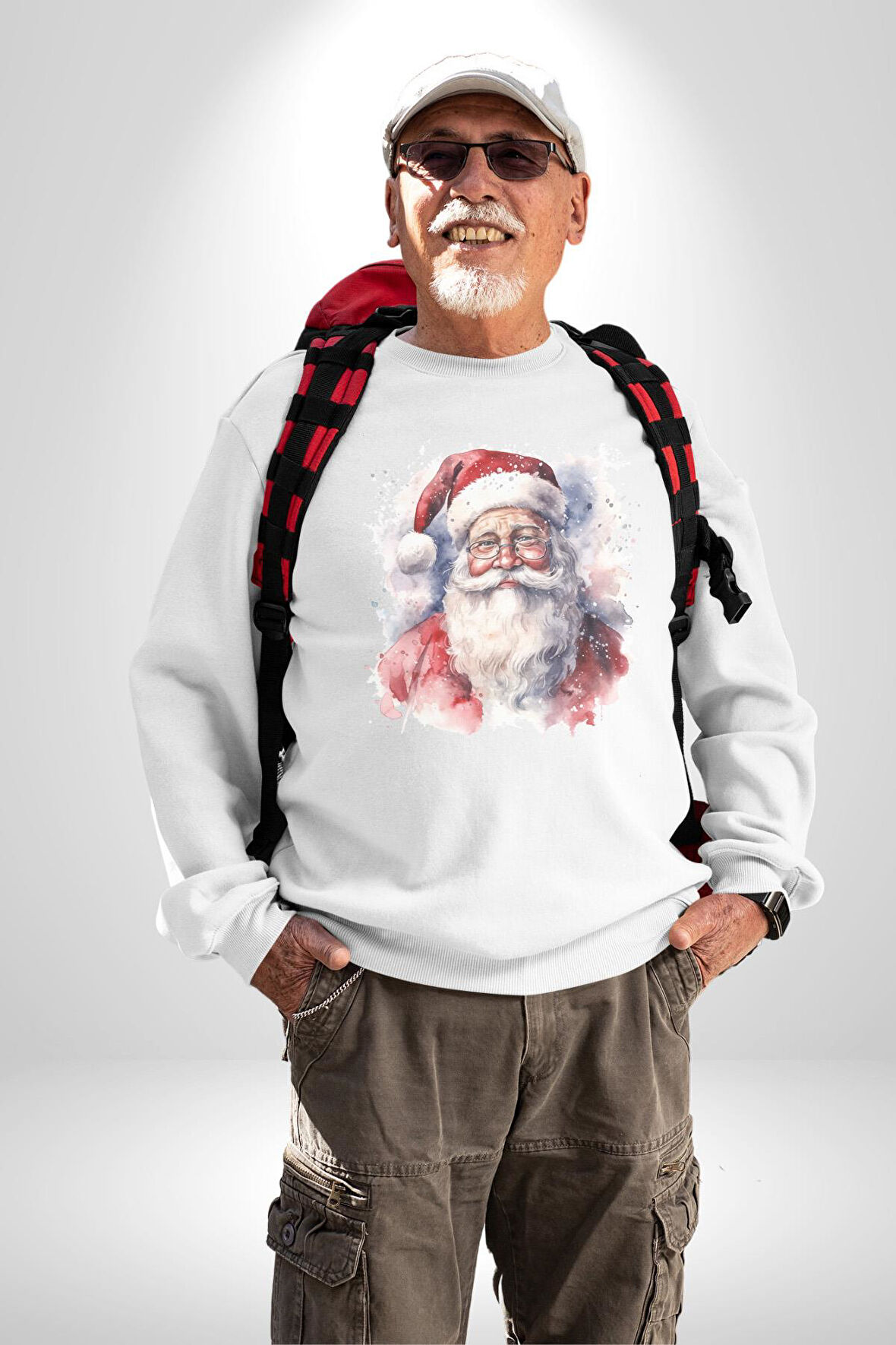 Mutlu Noel Baba Yeni Yıl Tasarımı Kadın Erkek  Beyaz Baskılı Sweatshirt 
