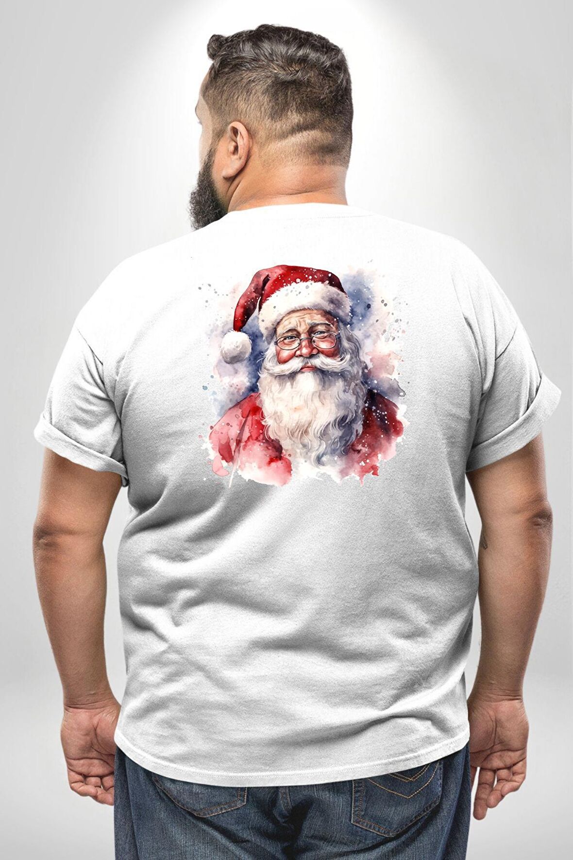 Mutlu Noel Baba Yeni Yıl Tasarımı Büyük Beden Beyaz Tişört Kadın Erkek Ünisex Sırt Baskılı