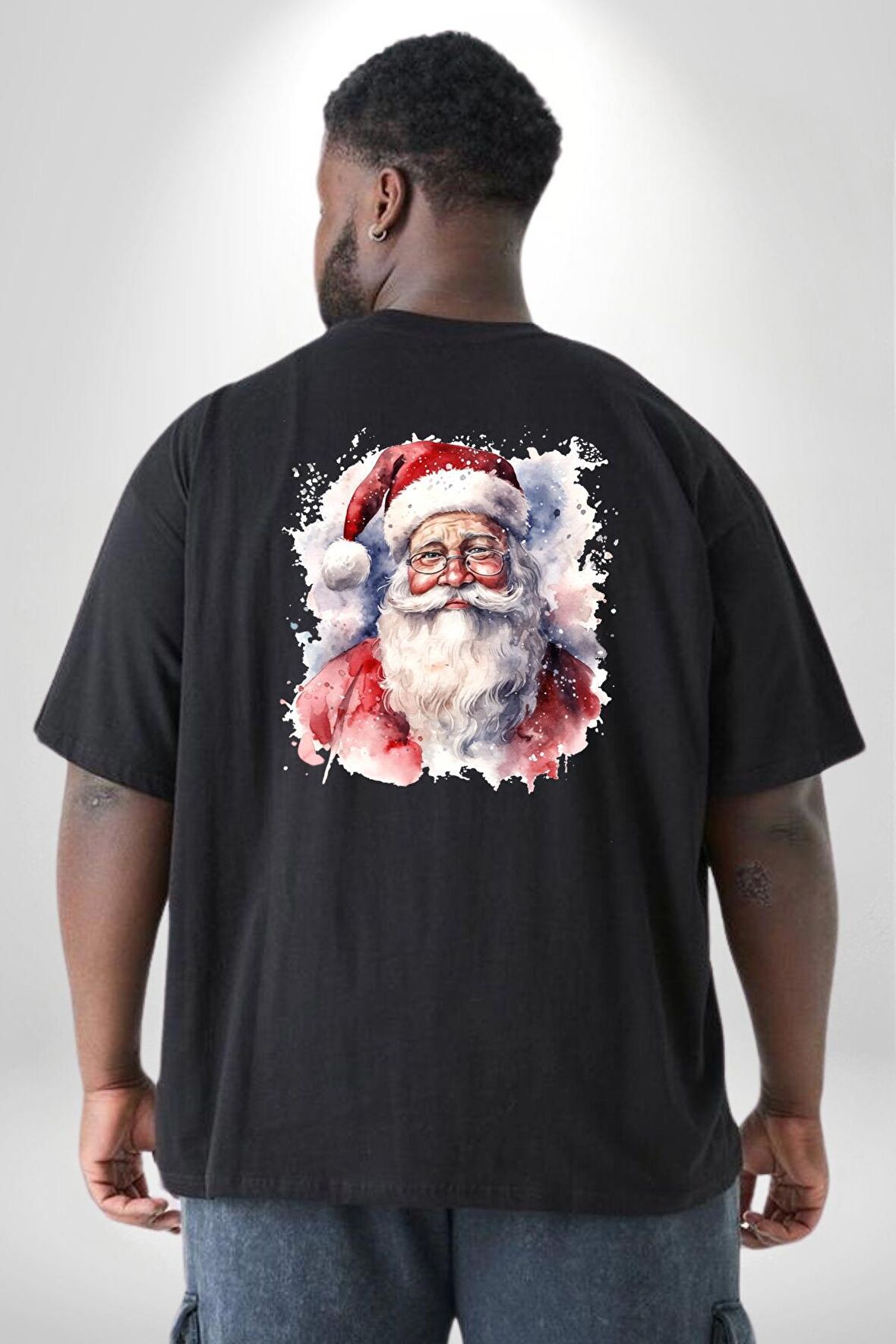 Mutlu Noel Baba Yeni Yıl Tasarımı Büyük Beden Siyah Tişört Kadın Erkek Ünisex Sırt Baskılı