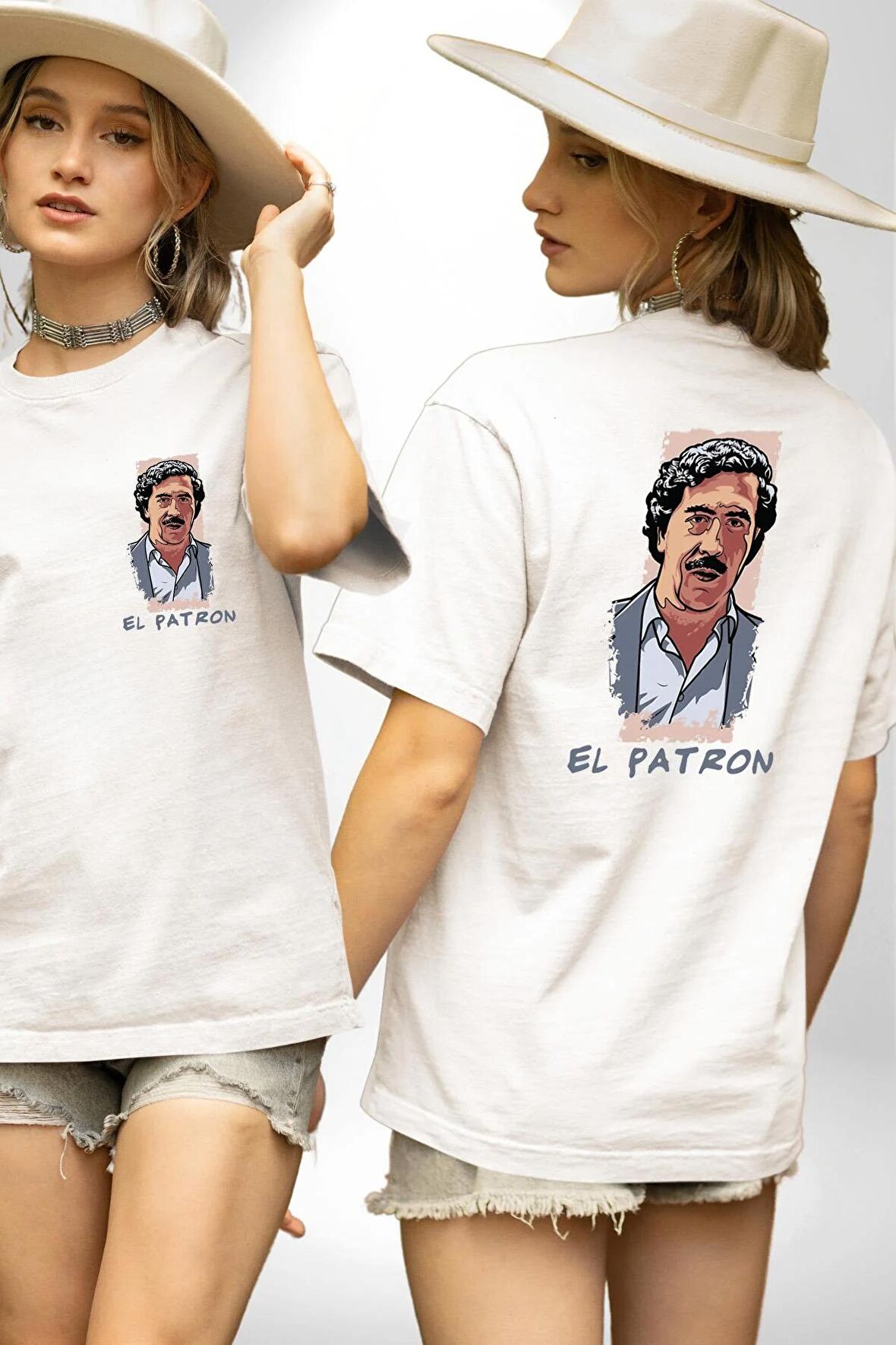 El Patron Narcos Pablo Escobar Beyaz Oversize Kadın Erkek Ön ve Sırt Baskılı Tişört