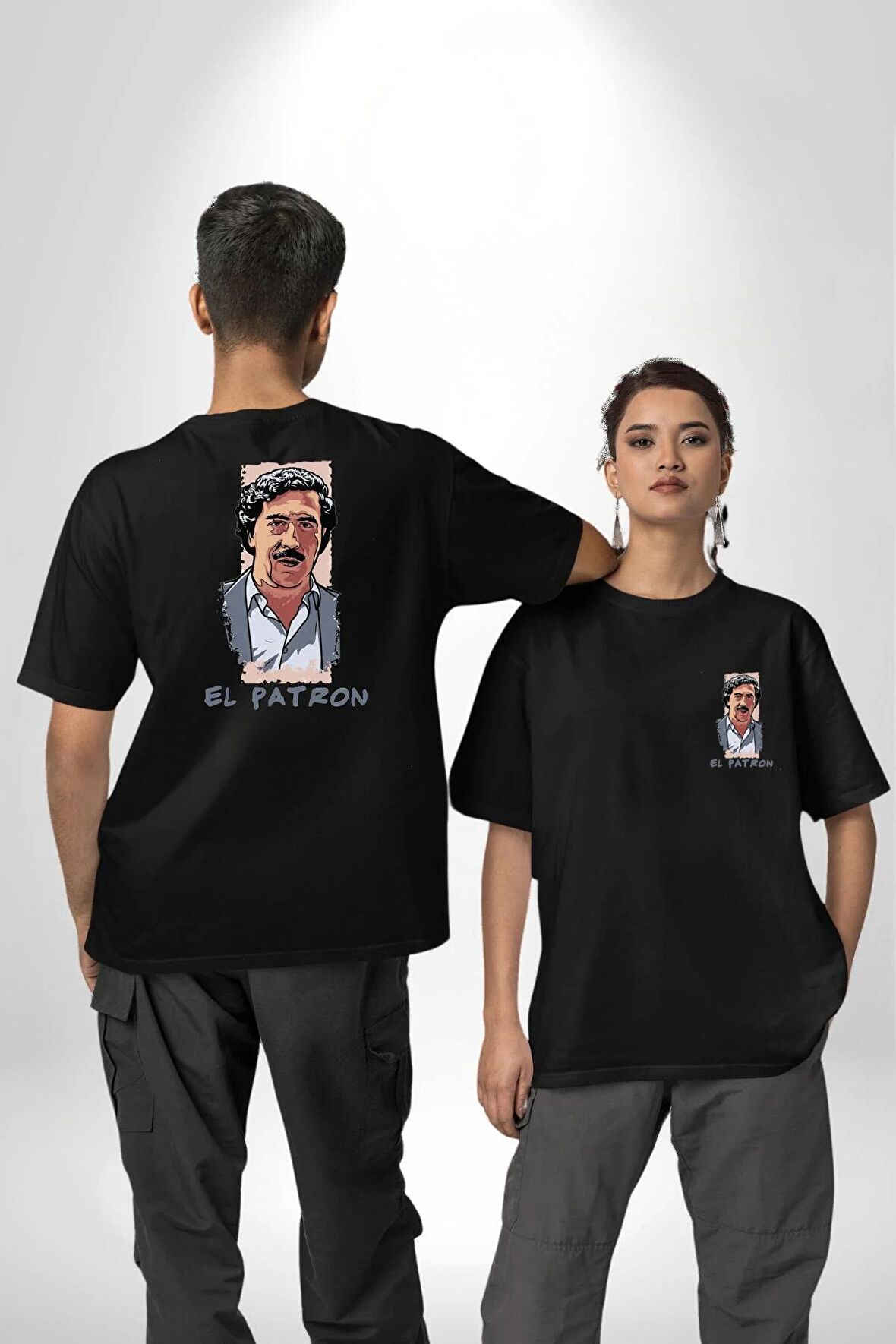 El Patron Narcos Pablo Escobar Siyah Oversize Kadın Erkek Ön ve Sırt Baskılı Tişört