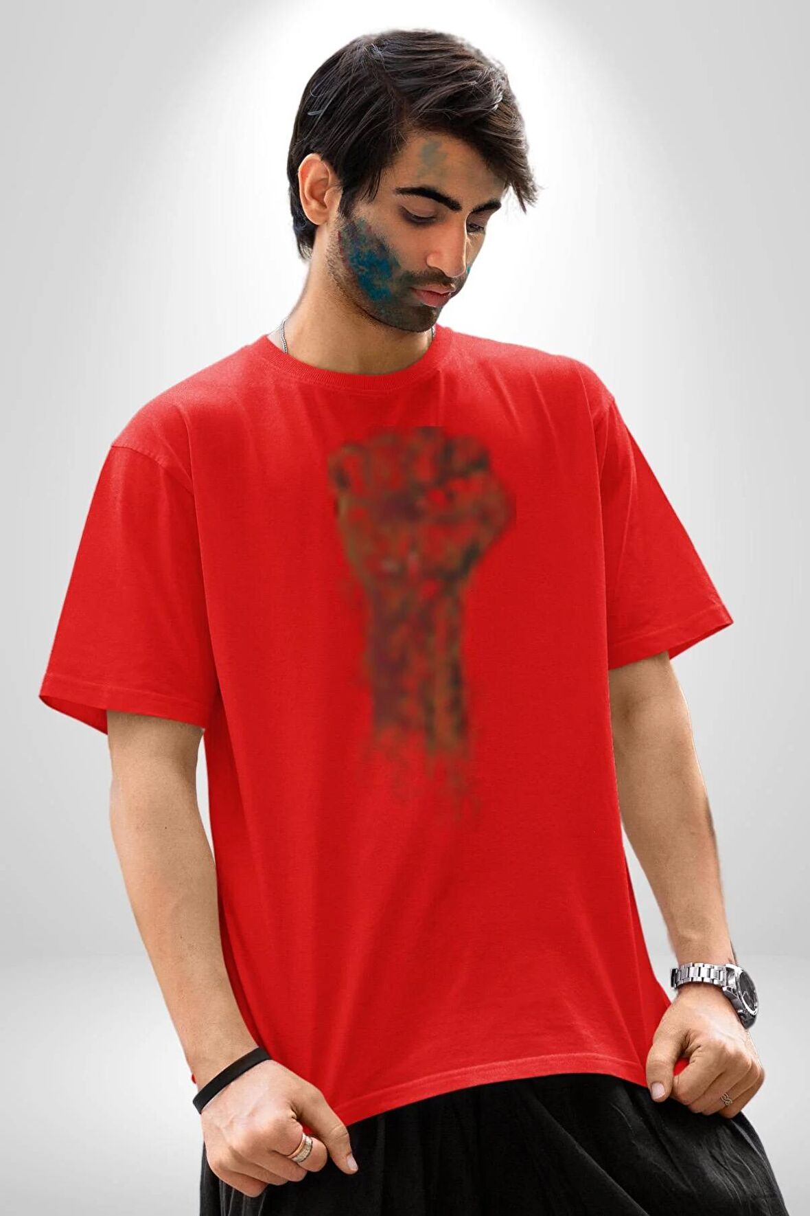 İşci Bayramı Simgesi Pamuklu Bisiklet Yaka Kadın Erkek Oversize Boyfriend Dijital Baskılı Kırmızı T-Shirt