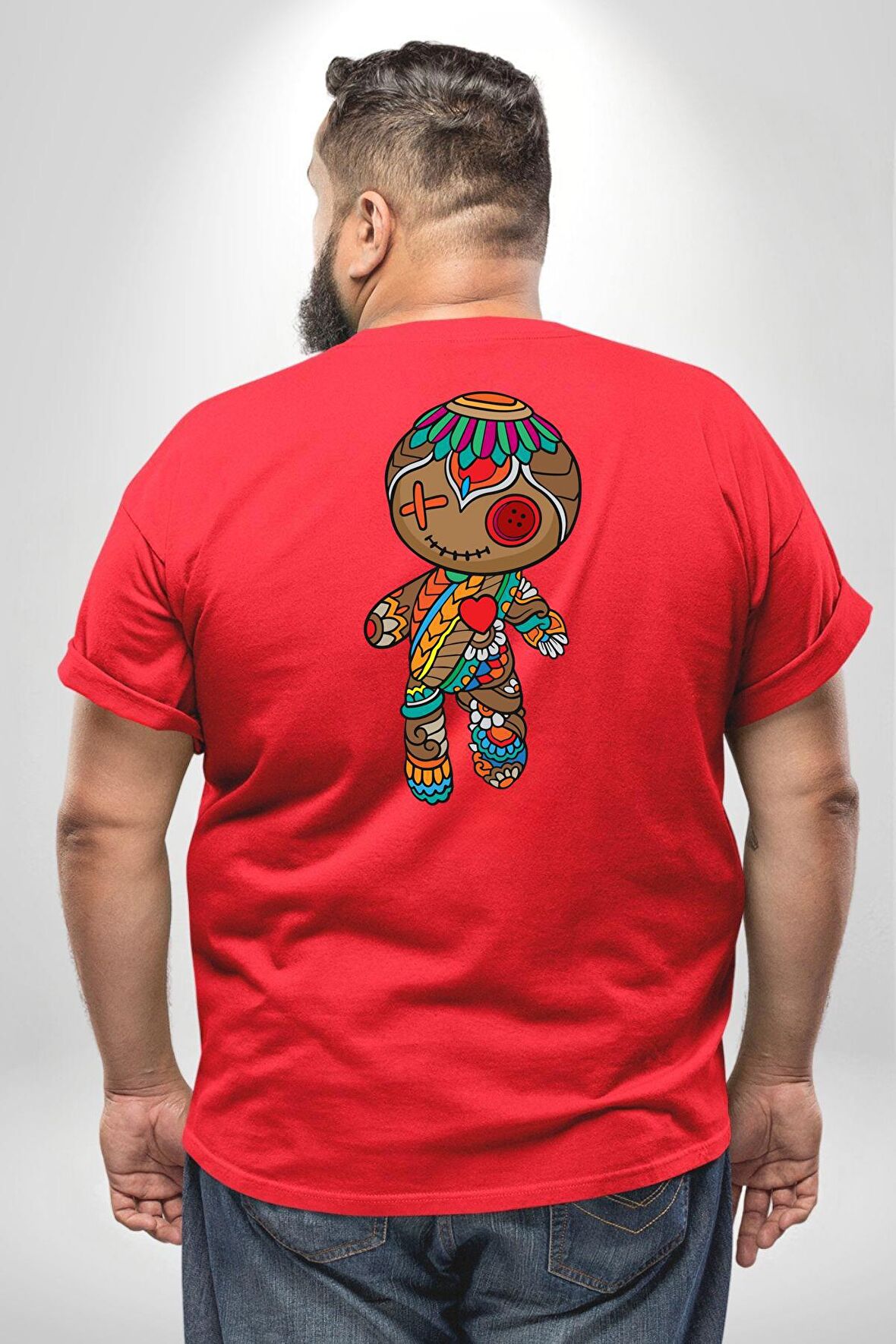 Voofoo Bebeği Doll Doldurulmuş Bebek Büyük Beden Kırmızı Tişört Kadın Erkek Ünisex Sırt Baskılı
