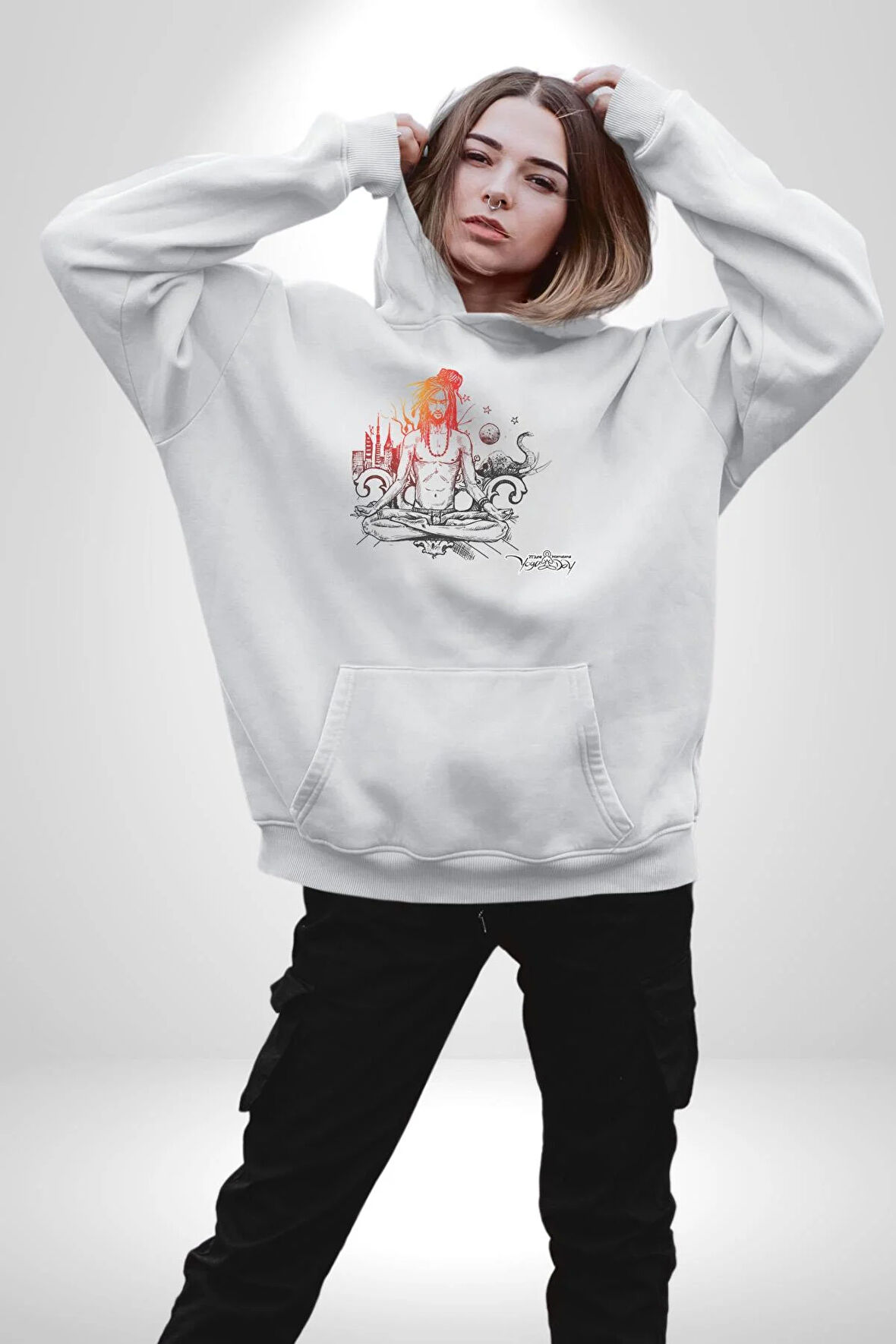 Uluslararası Yoga Günü 21 Temmuz  Kadın Erkek  Beyaz Kapüşonlu Sweatshirt Hoodie