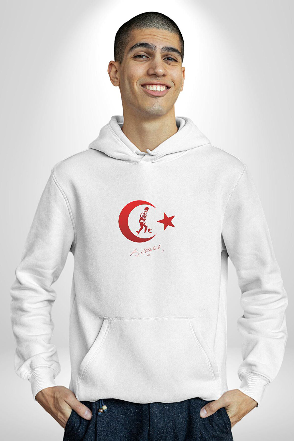 Ay Yıldız Kırmızı Kemal Atatürk İmza Kadın Erkek  Beyaz Kapüşonlu Sweatshirt Hoodie