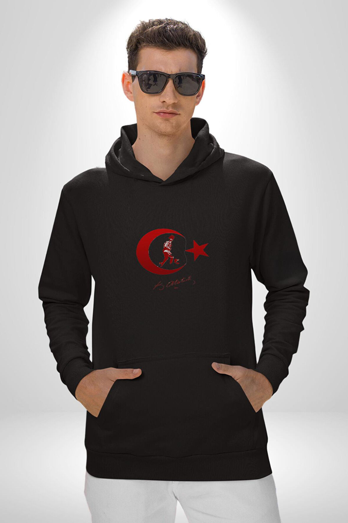 Ay Yıldız Kırmızı Kemal Atatürk İmza Kadın Erkek  Siyah Kapüşonlu Sweatshirt Hoodie