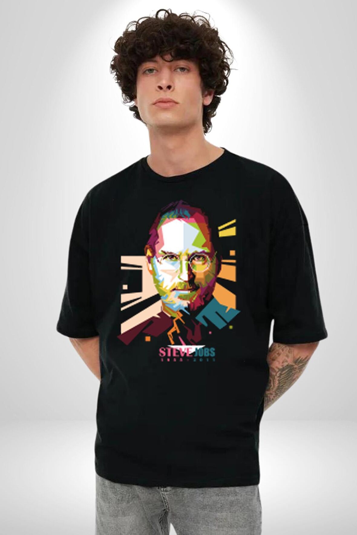 Steve Jobs Apple Pamuklu Bisiklet Yaka Kadın Erkek Oversize Boyfriend Dijital Baskılı Siyah T-shirt