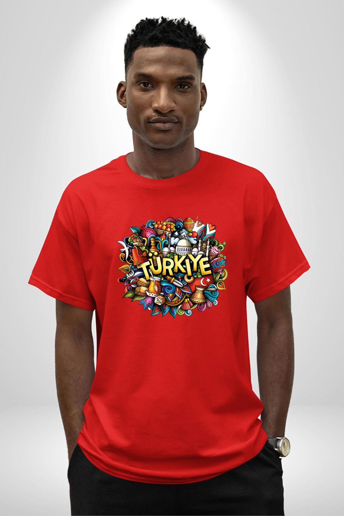 Turkiye Özel Karakterleri Pamuklu Bisiklet Yaka Kadın Erkek Oversize Boyfriend Dijital Baskılı Kırmızı T-Shirt