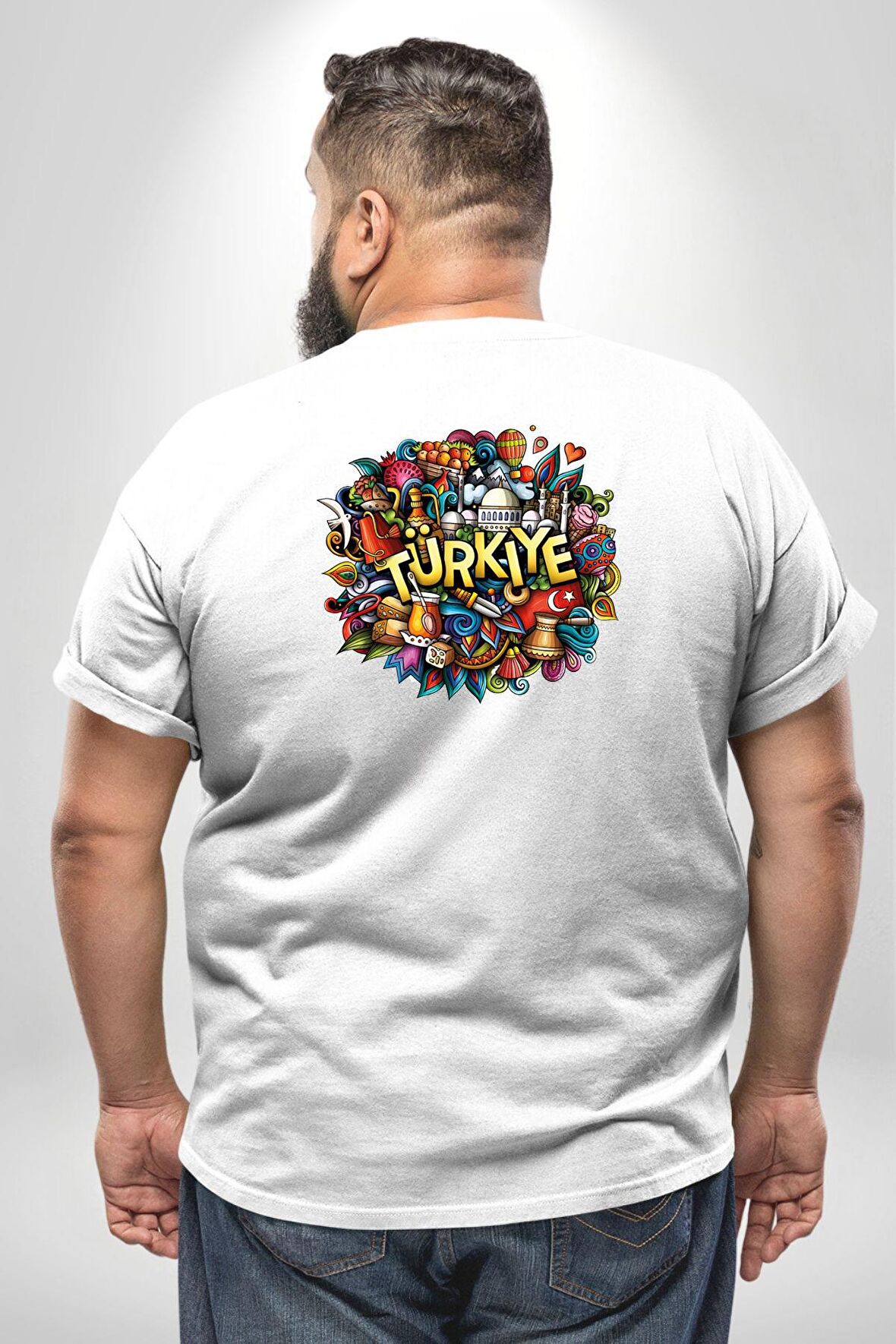 Turkiye Özel Karakterleri Büyük Beden Beyaz Tişört Kadın Erkek Ünisex Sırt Baskılı