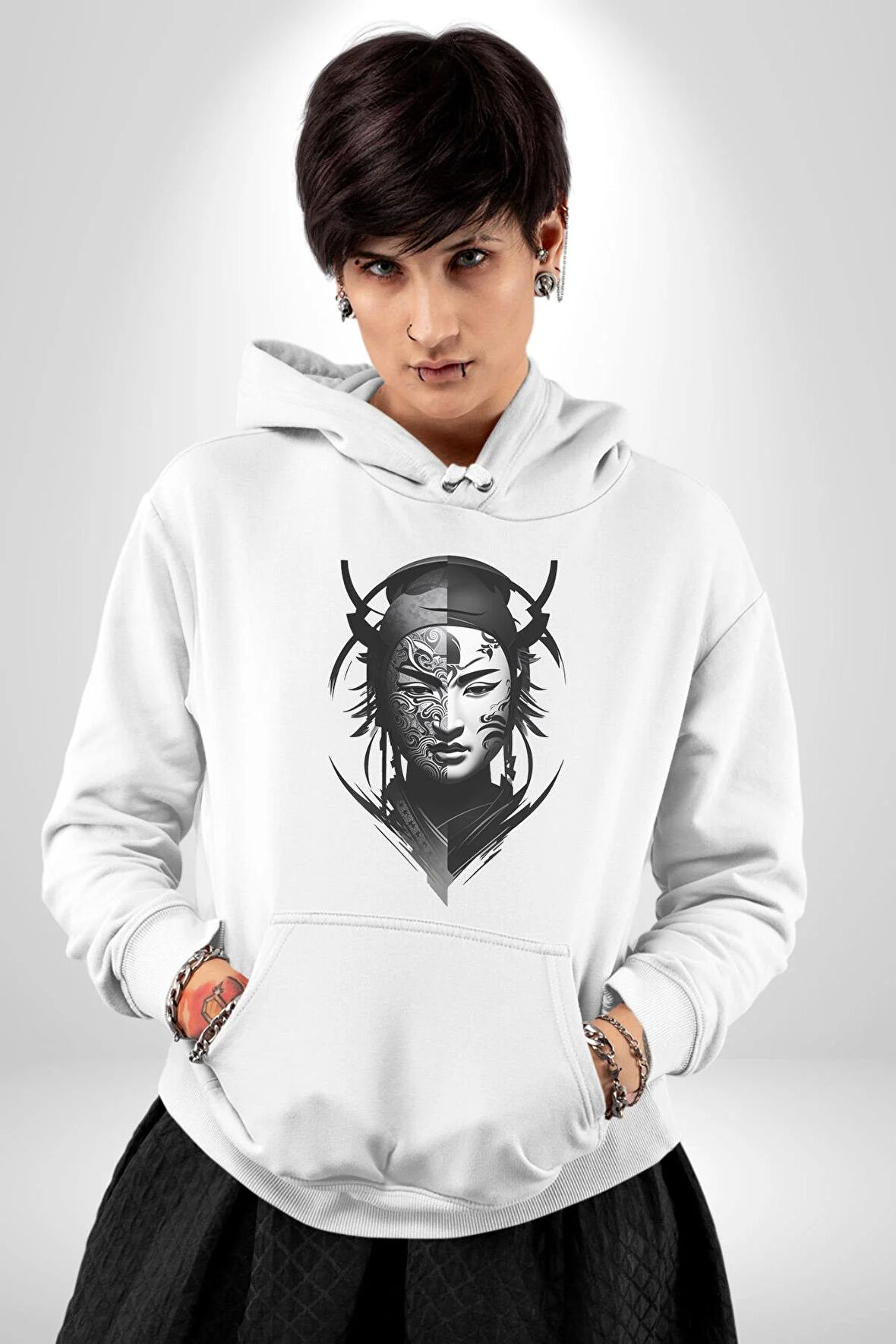 Asyalı Samuray Siyah Beyaz Dövmeli Çift Yüz Kadın Erkek  Beyaz Kapüşonlu Sweatshirt Hoodie