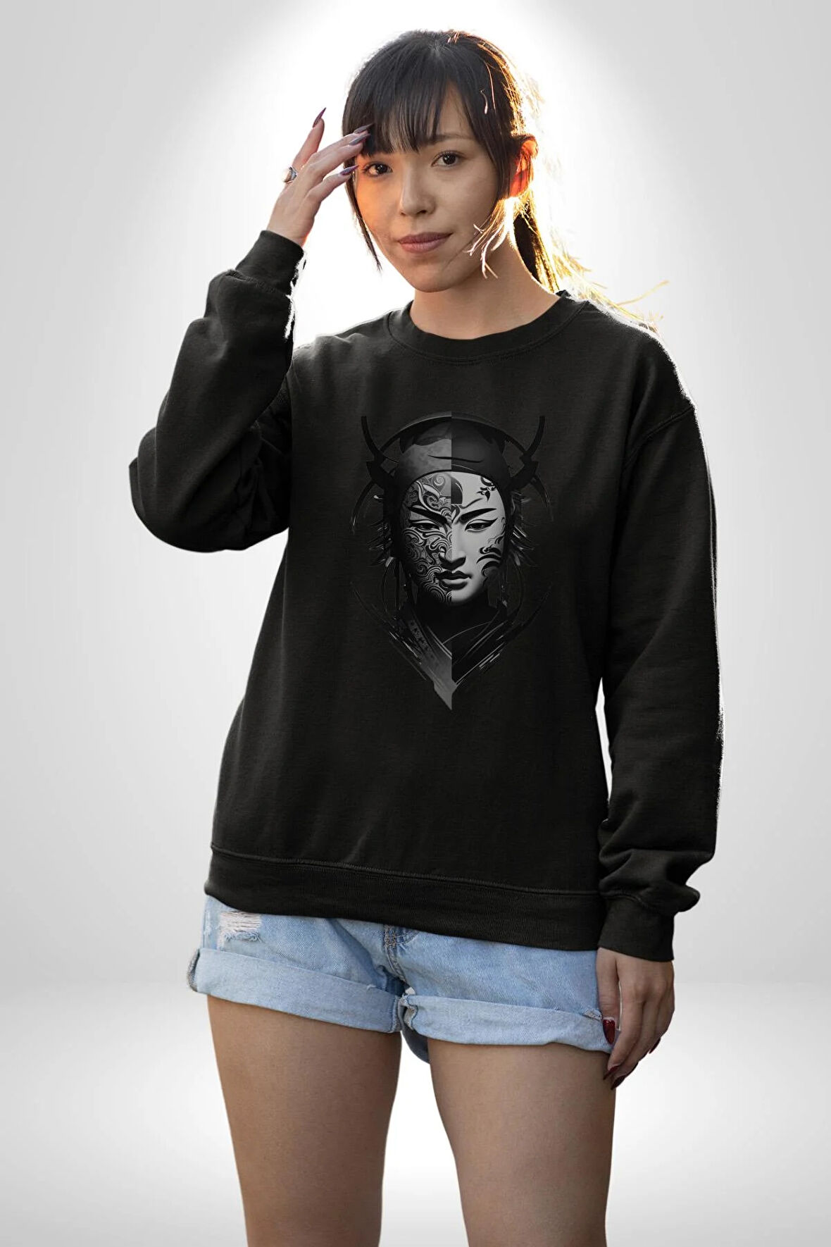 Asyalı Samuray Siyah Beyaz Dövmeli Çift Yüz Kadın Erkek  Siyah Baskılı Sweatshirt 