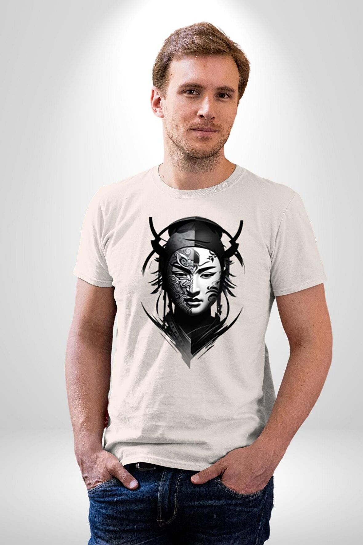 Asyalı Samuray Siyah Beyaz Dövmeli Çift Yüz Kadın Erkek Unisex Beyaz Organik Baskılı T-Shirt Penye Yüksek Kalite