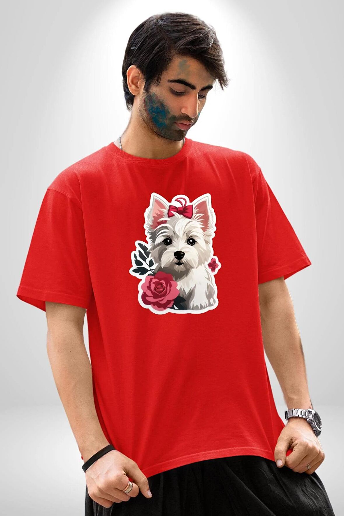 Beyaz Highland Teriyeri Kırmızı Gül Pamuklu Bisiklet Yaka Kadın Erkek Oversize Boyfriend Dijital Baskılı Kırmızı T-Shirt