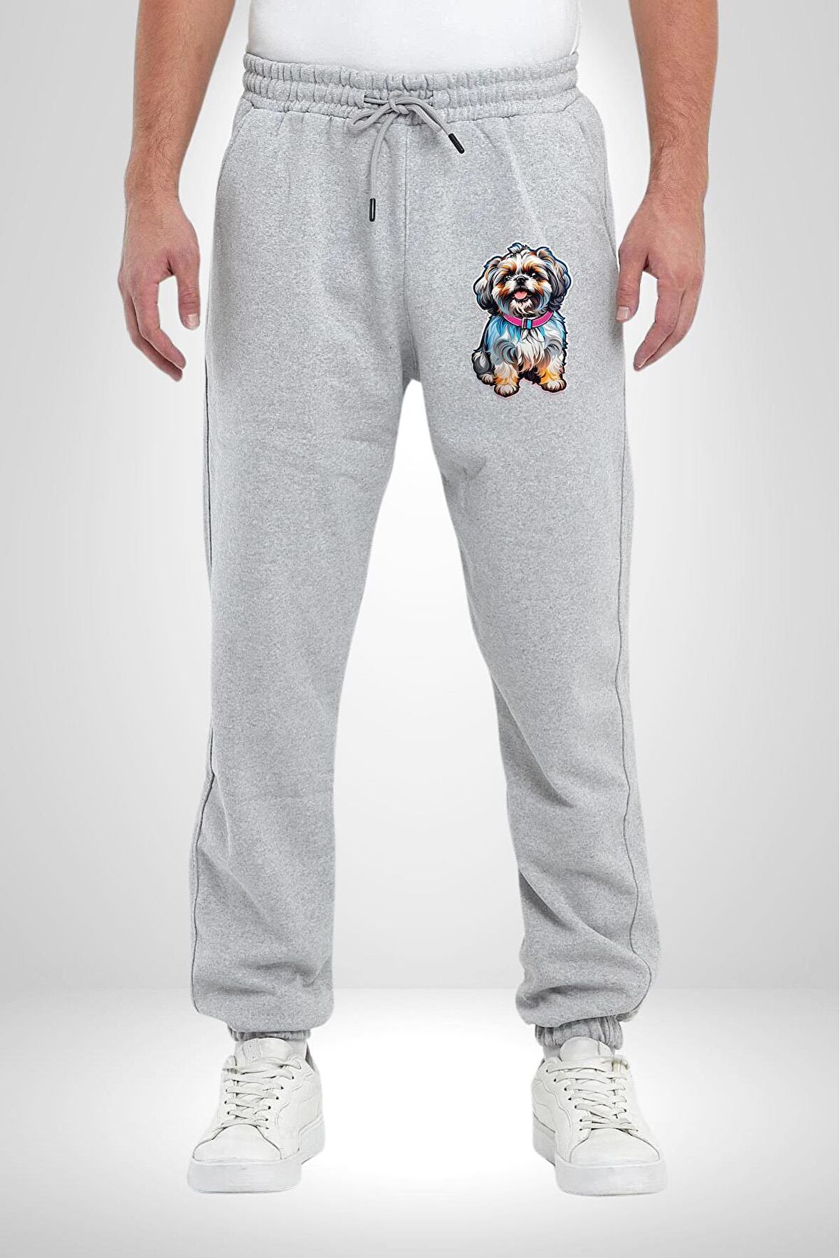 Shih Tzu Renkli Köpek Pamuklu 3 İplik Gri Eşofman Altı Erkek Oversize Kesim Dijital Baskılı