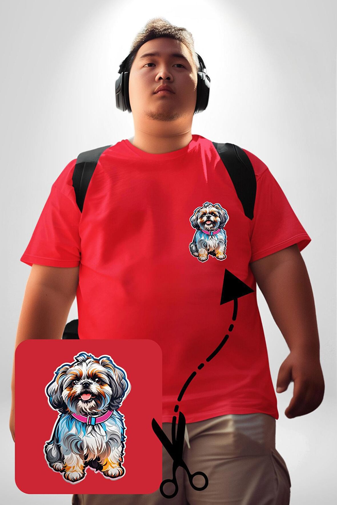 Shih Tzu Renkli Köpek Kırmızı Büyük Beden Kadın Basic Minimal Baskılı Tişört