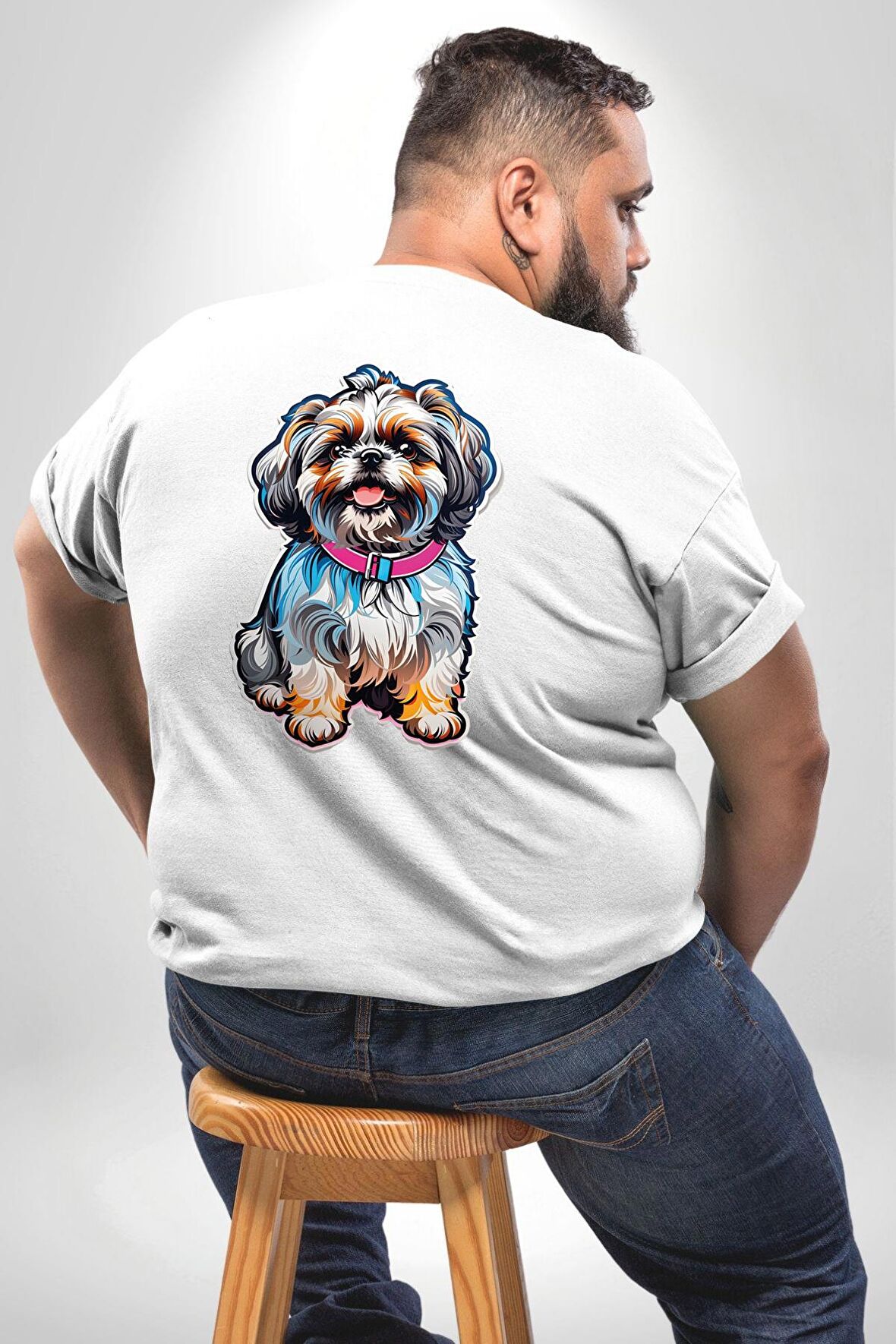 Shih Tzu Renkli Köpek Büyük Beden Beyaz Tişört Kadın Erkek Ünisex Sırt Baskılı