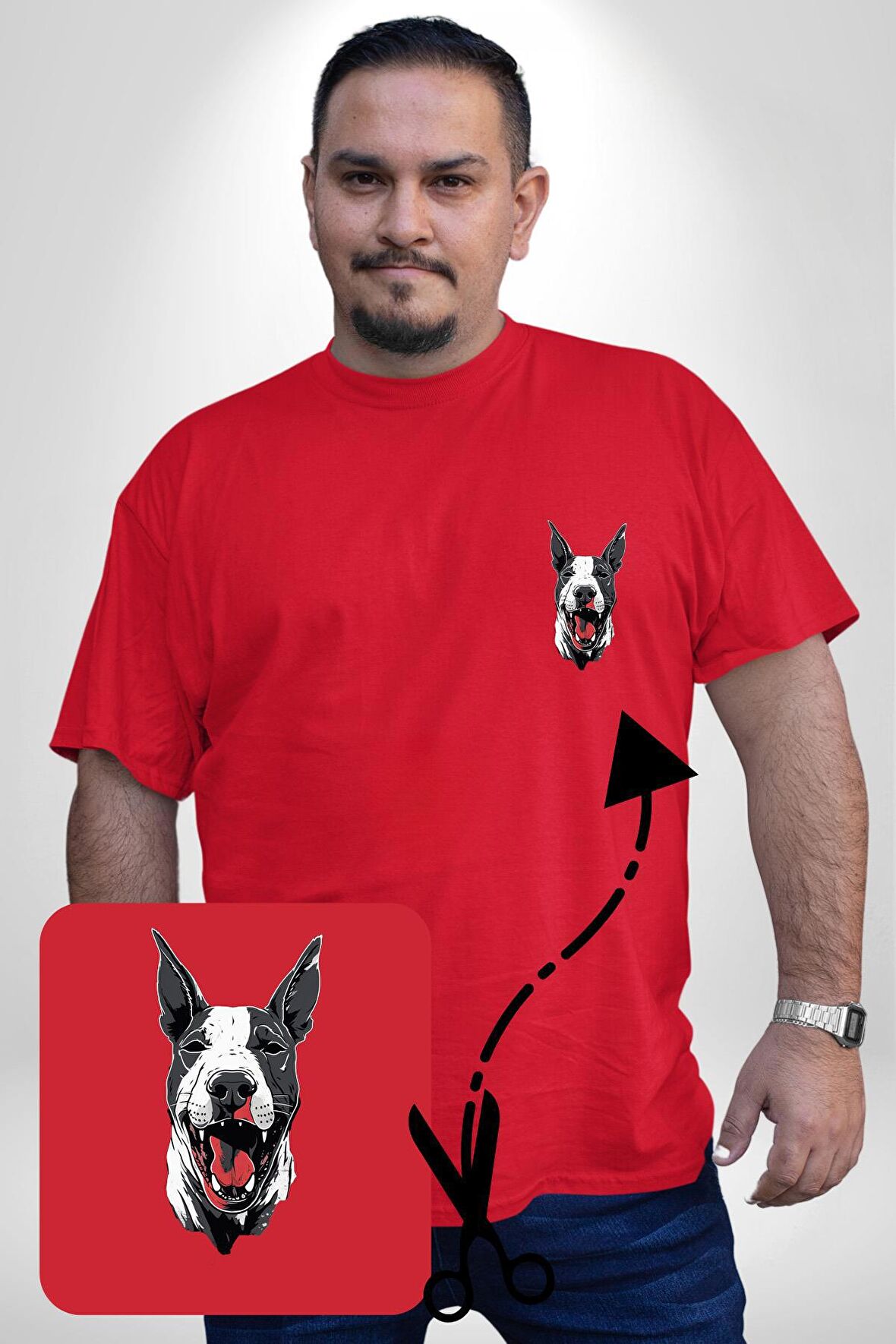 Doberman Kırmızı Dil Kırmızı Dik Kulak Kırmızı Büyük Beden Kadın Basic Minimal Baskılı Tişört
