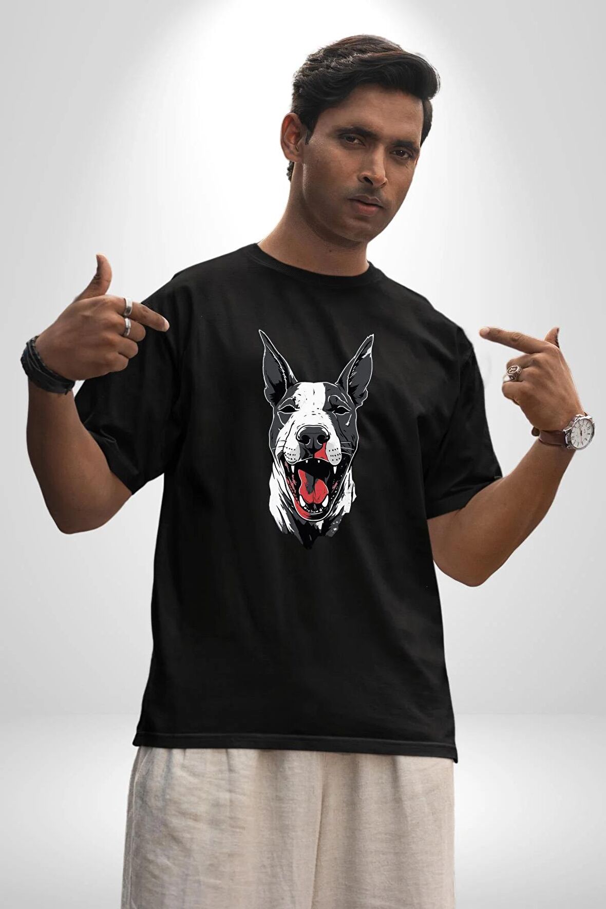 Doberman Kırmızı Dil Siyah Dik Kulak Pamuklu Bisiklet Yaka Kadın Erkek Oversize Boyfriend Dijital Baskılı Siyah T-shirt