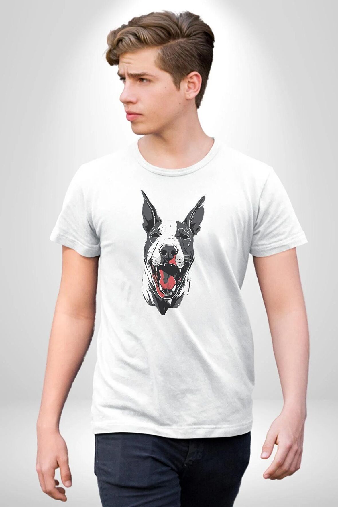 Doberman Kırmızı Dil Siyah Dik Kulak Kadın Erkek Unisex Beyaz Organik Baskılı T-Shirt Penye Yüksek Kalite