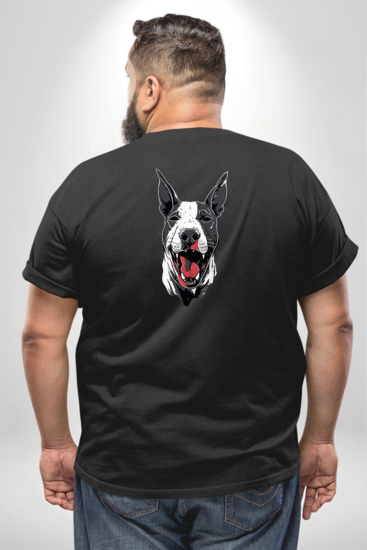 Doberman Siyah Dil Siyah Dik Kulak Büyük Beden Siyah Tişört Kadın Erkek Ünisex Sırt Baskılı