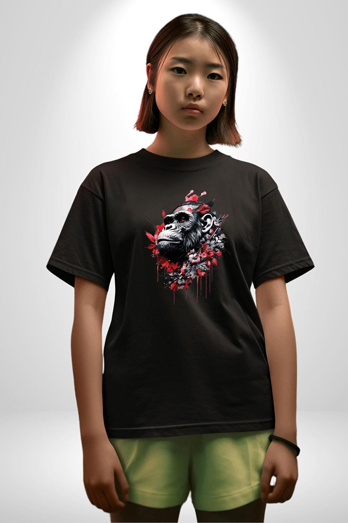 Çiçekli Goril  Doğa Pamuklu Bisiklet Yaka Kadın Erkek Oversize Boyfriend Dijital Baskılı Siyah T-shirt