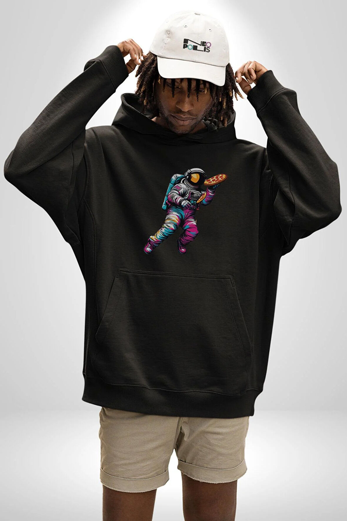 Pizza Servisi Uzay Kurye  Kadın Erkek  Siyah Kapüşonlu Sweatshirt Hoodie