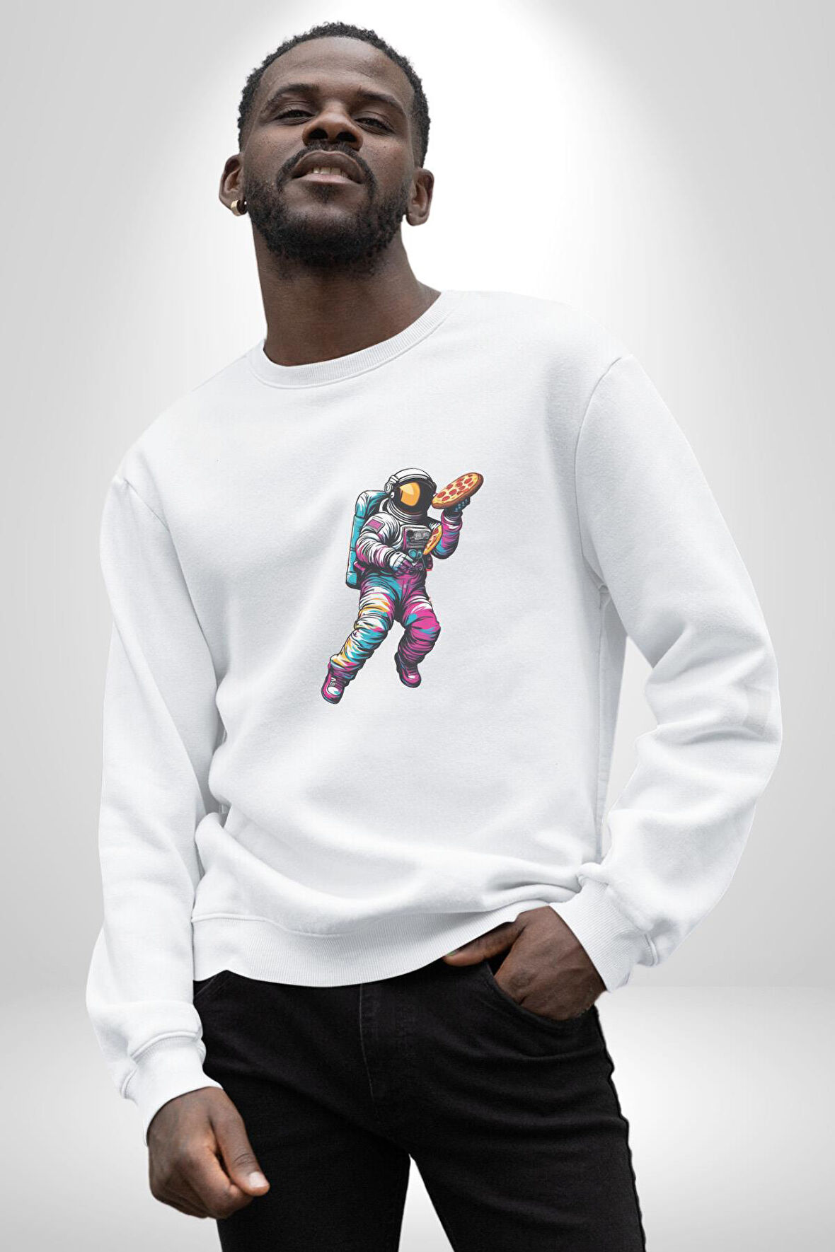 Pizza Servisi Uzay Kurye  Kadın Erkek  Beyaz Baskılı Sweatshirt 