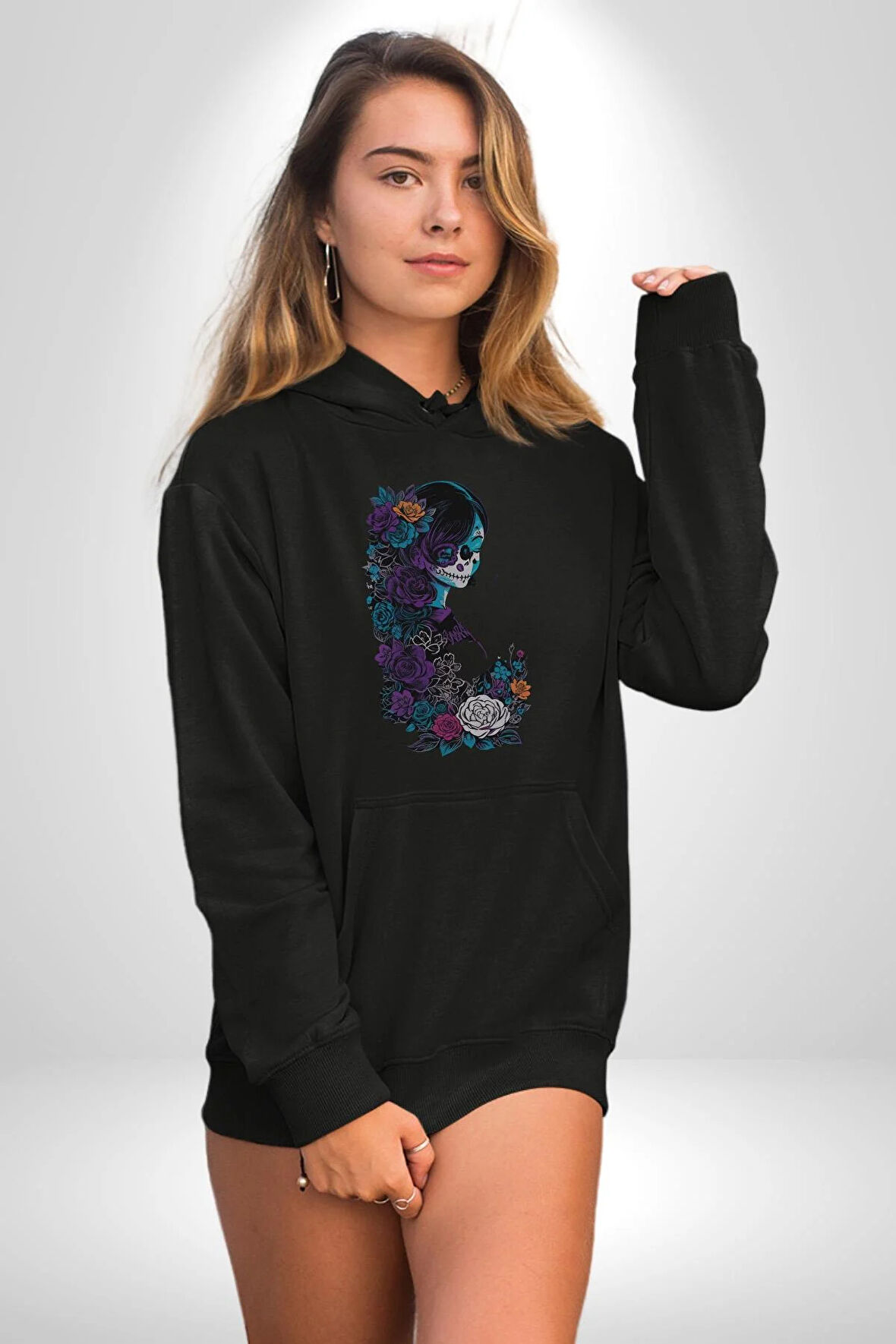 Cadılar Siyah Güller  Kadın Erkek  Siyah Kapüşonlu Sweatshirt Hoodie