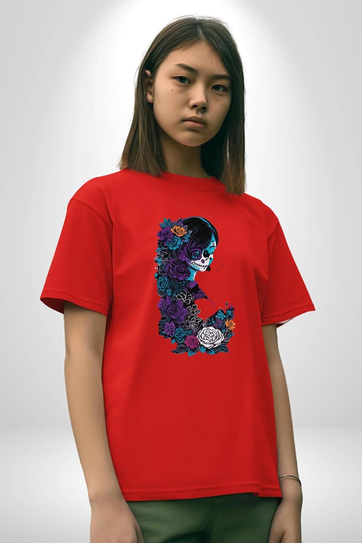 Cadılar Siyah Güller  Pamuklu Bisiklet Yaka Kadın Erkek Oversize Boyfriend Dijital Baskılı Kırmızı T-Shirt