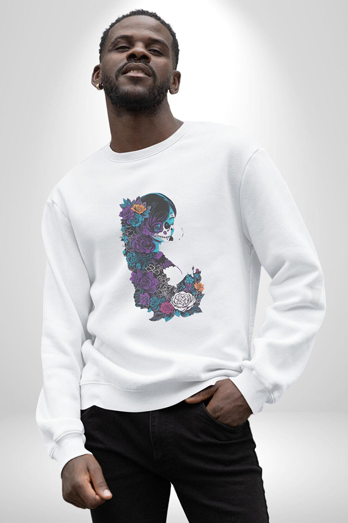 Cadılar Siyah Güller  Kadın Erkek  Beyaz Baskılı Sweatshirt 