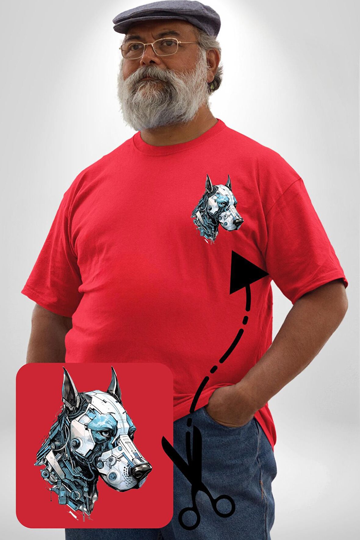 Robot Cyborg Köpek Doberman  Kırmızı Büyük Beden Kadın Basic Minimal Baskılı Tişört