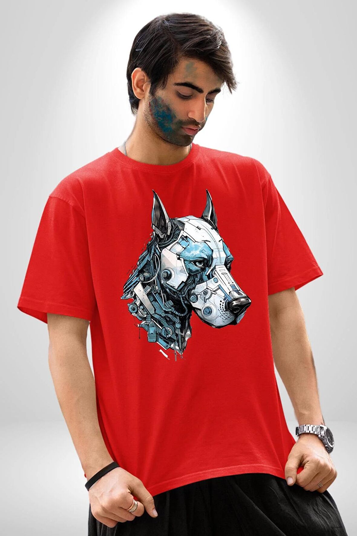 Robot Cyborg Köpek Doberman  Pamuklu Bisiklet Yaka Kadın Erkek Oversize Boyfriend Dijital Baskılı Kırmızı T-Shirt