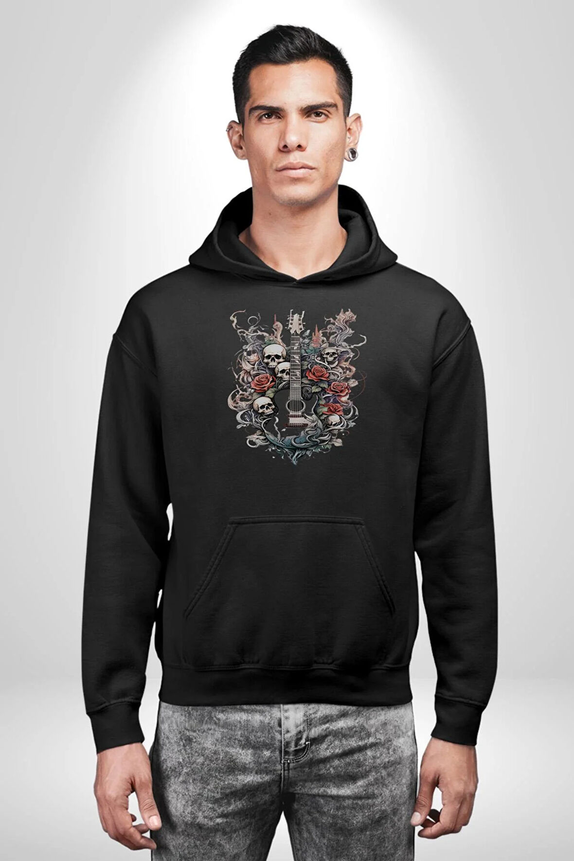 Gitar Kafatası Güller Doğa Uyumu Kadın Erkek  Siyah Kapüşonlu Sweatshirt Hoodie