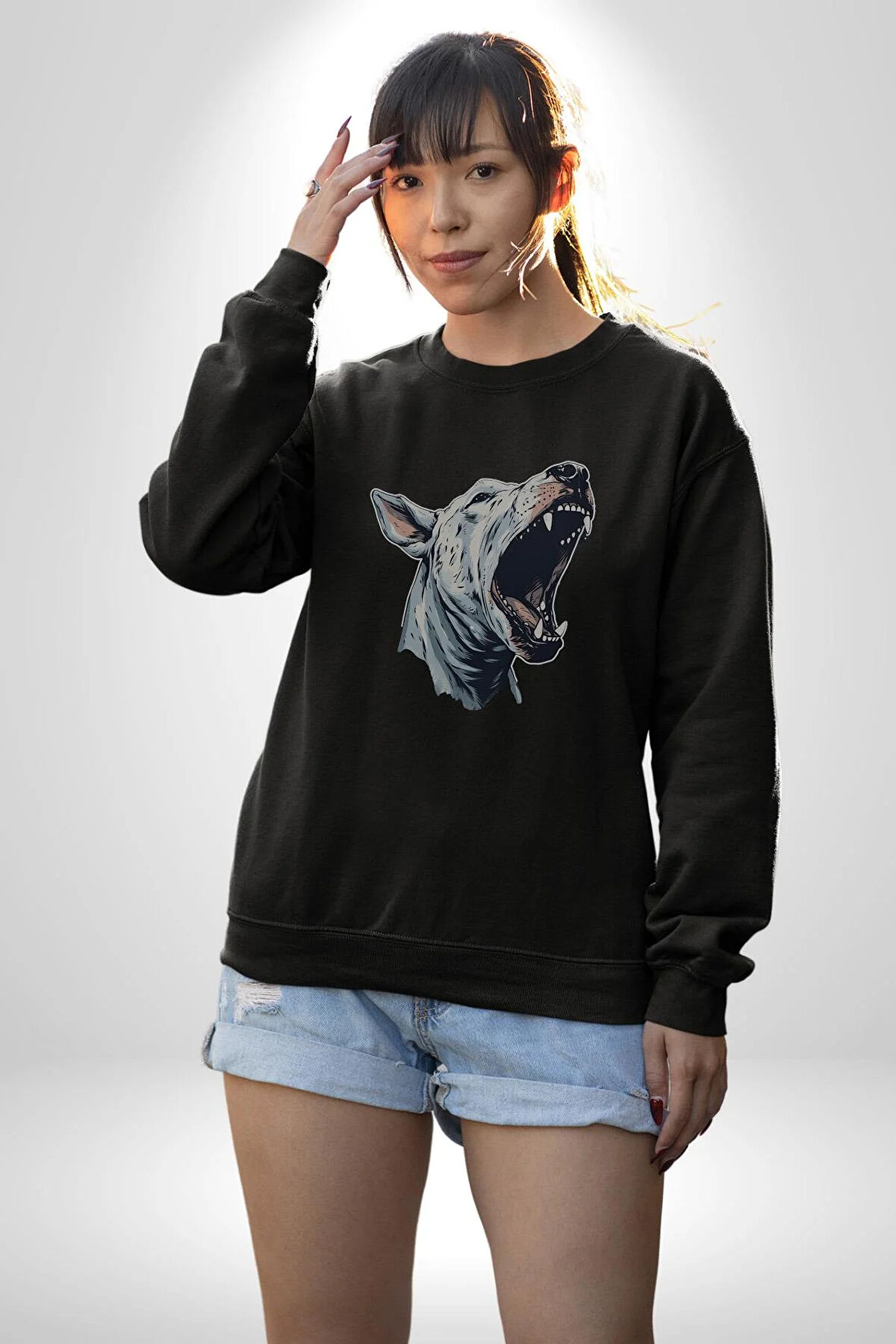Bull Terier Köpek Havlama  Kadın Erkek  Siyah Baskılı Sweatshirt 