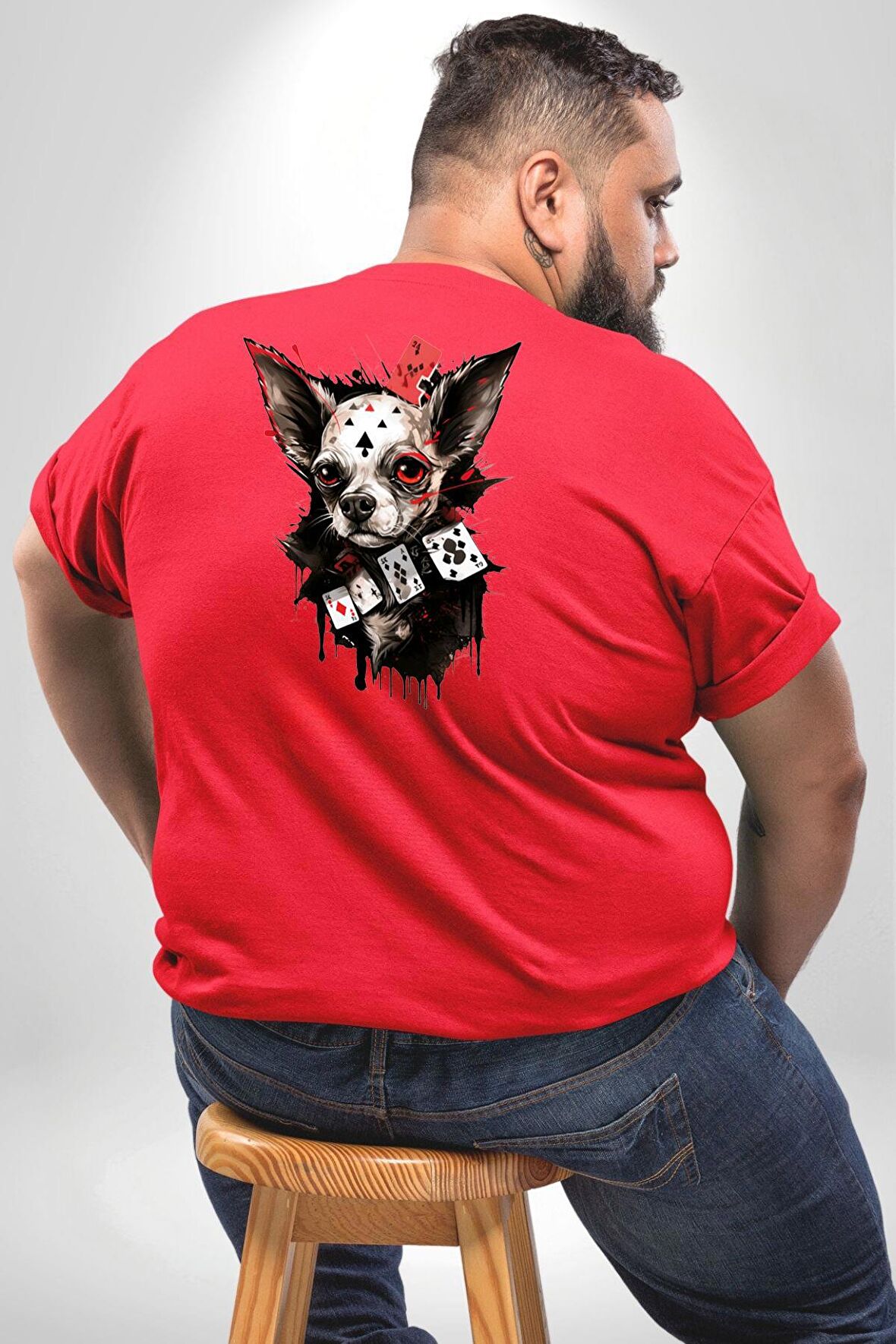 Poker Chihuahua  Büyük Beden Kırmızı Tişört Kadın Erkek Ünisex Sırt Baskılı