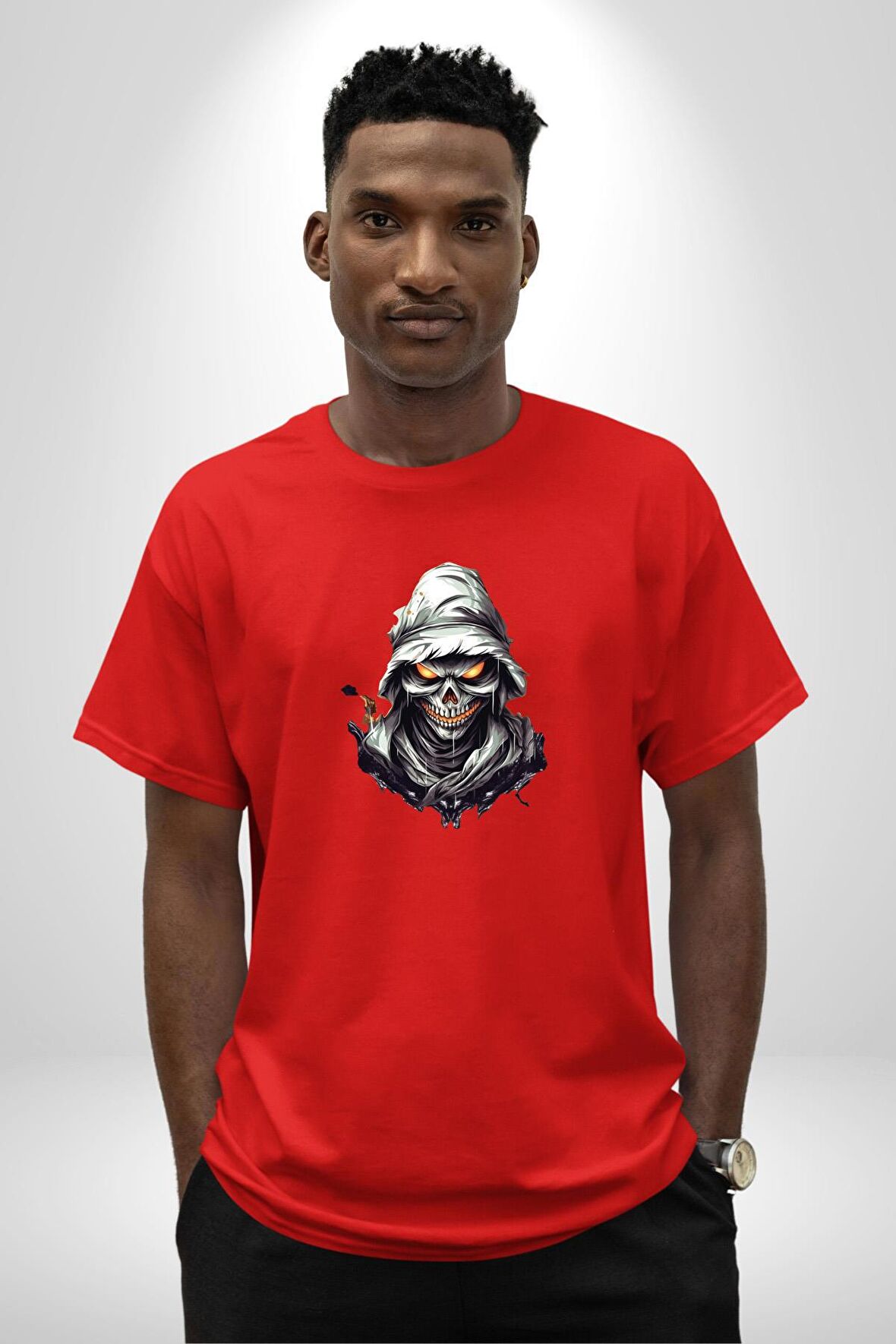 Kasaba Kurukafa Ninja  Pamuklu Bisiklet Yaka Kadın Erkek Oversize Boyfriend Dijital Baskılı Kırmızı T-Shirt