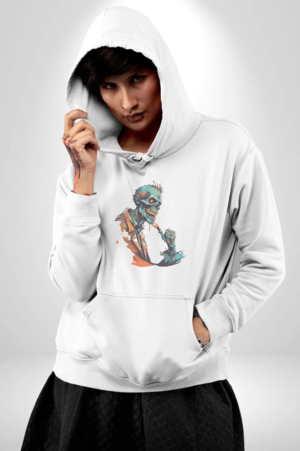 Zombi İskelet Kendine Yumruk  Kadın Erkek  Beyaz Kapüşonlu Sweatshirt Hoodie