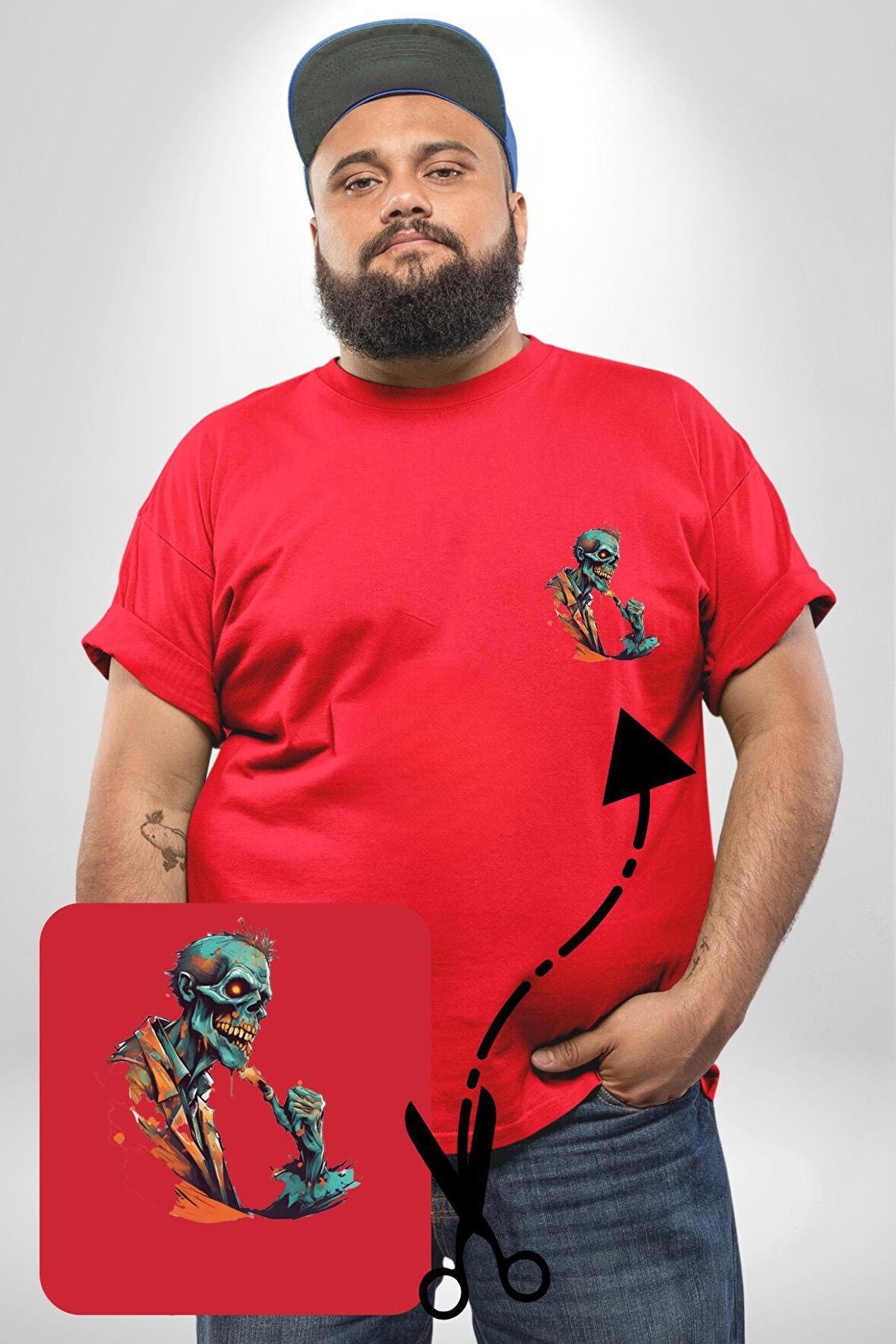 Zombi İskelet Kendine Yumruk  Kırmızı Büyük Beden Kadın Basic Minimal Baskılı Tişört