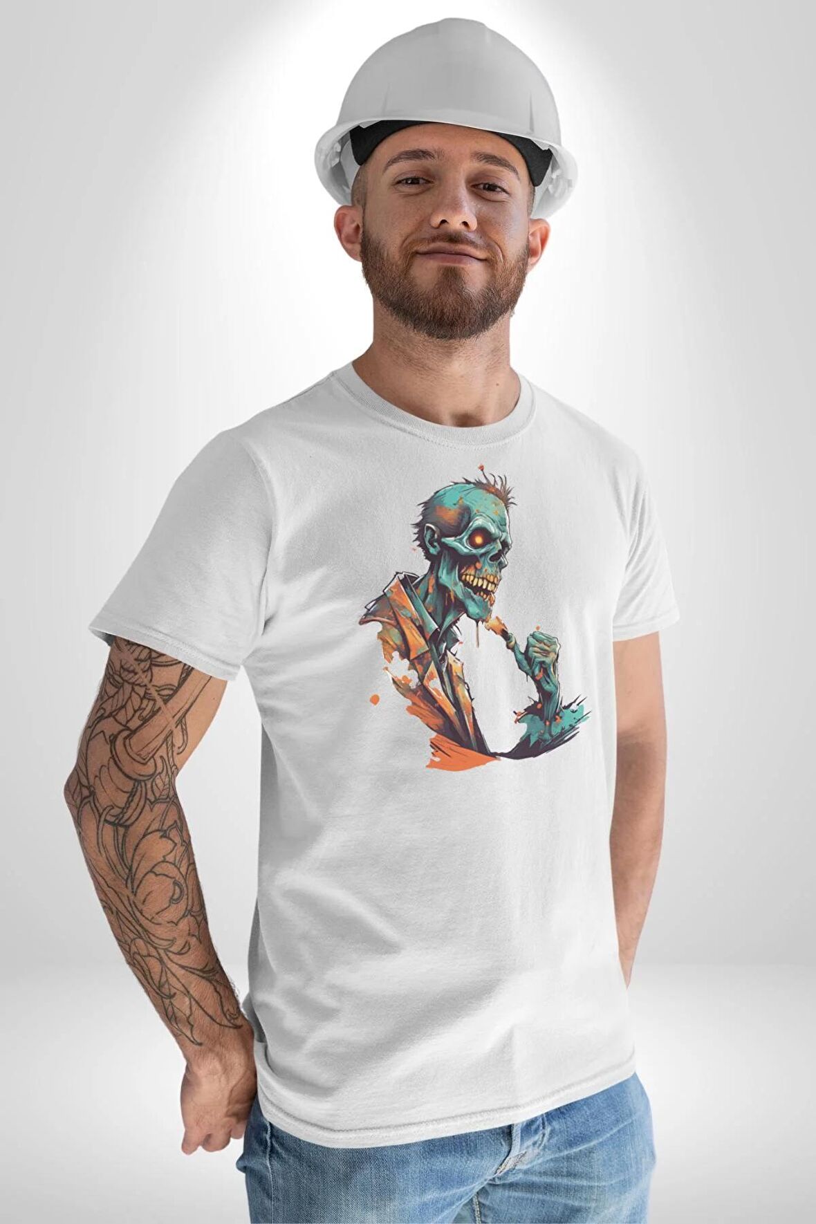 Zombi İskelet Kendine Yumruk  Kadın Erkek Unisex Beyaz Organik Baskılı T-Shirt Penye Yüksek Kalite