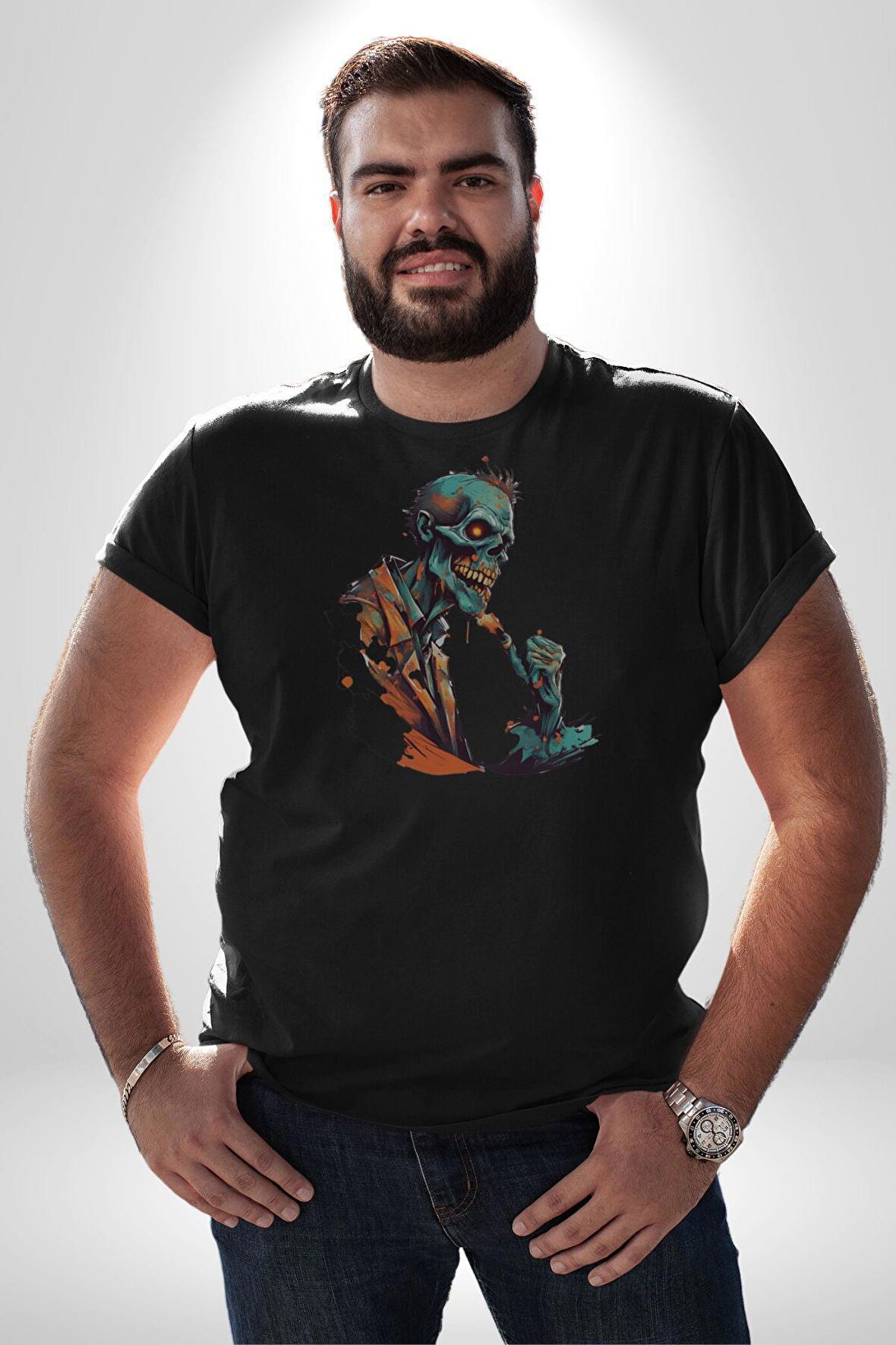 Zombi İskelet Kendine Yumruk  Kadın Erkek Unisex Siyah Organik Baskılı T-Shirt Penye Yüksek Kalite