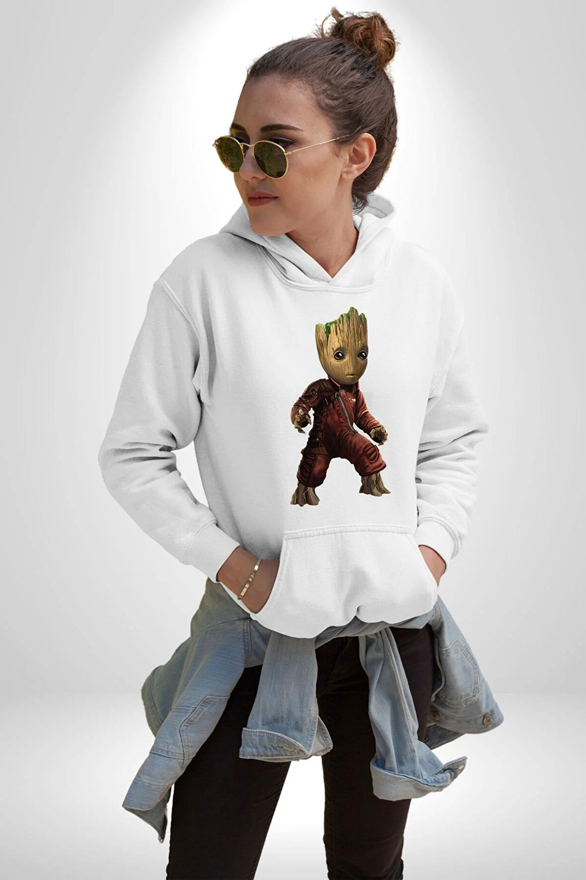 Bebek Groot Guardians Galaxy  Kadın Erkek  Beyaz Kapüşonlu Sweatshirt Hoodie