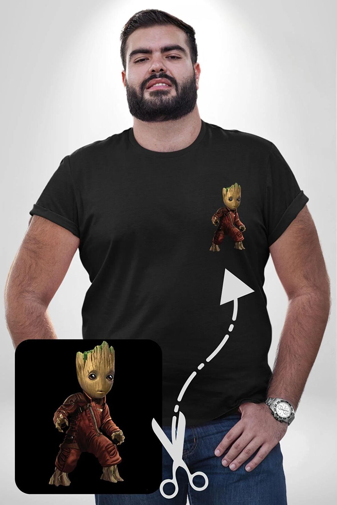 Bebek Groot Guardians Galaxy  Siyah Büyük Beden Kadın Basic Minimal Baskılı Tişört