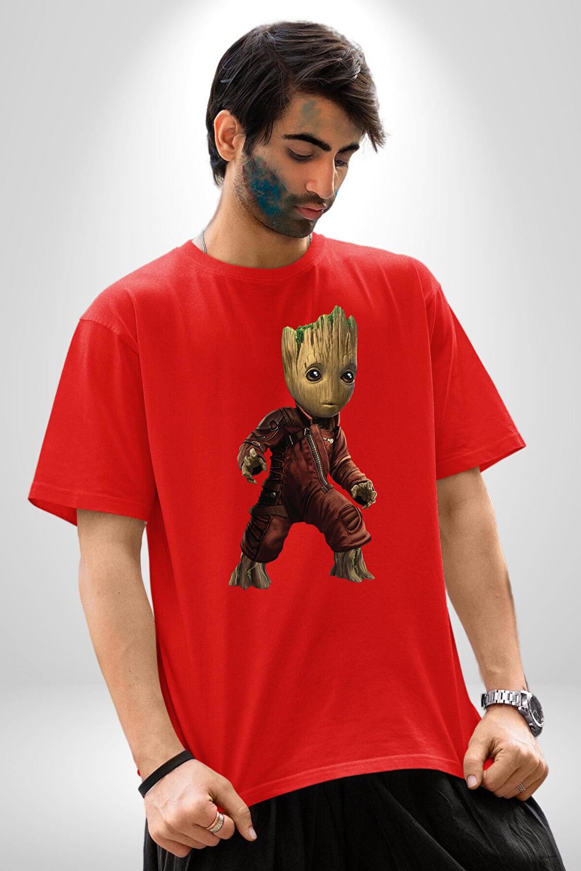 Bebek Groot Guardians Galaxy  Pamuklu Bisiklet Yaka Kadın Erkek Oversize Boyfriend Dijital Baskılı Kırmızı T-Shirt